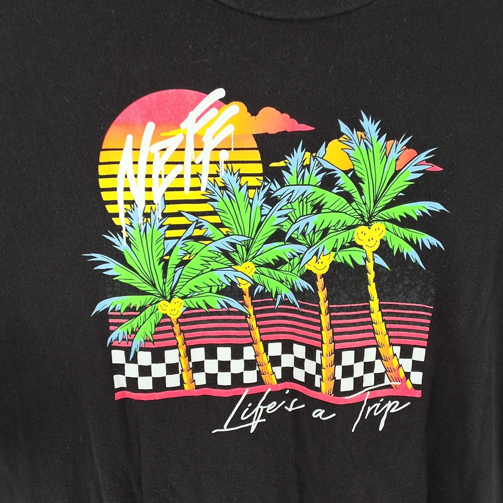 Neff Life's a Trip Graphic T-Shirt Mens XL Black Retro Sunset Palm Tree Skate
