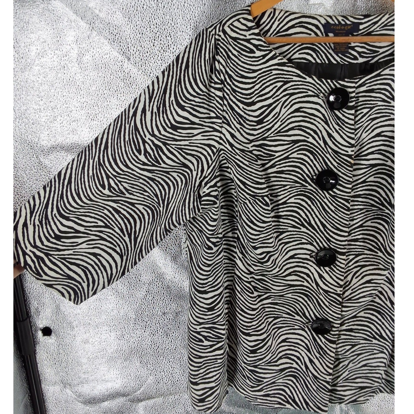Ecologie Woman Zebra Print Jacket Blazer Black White Plus 2X Lined Collarless - View 6