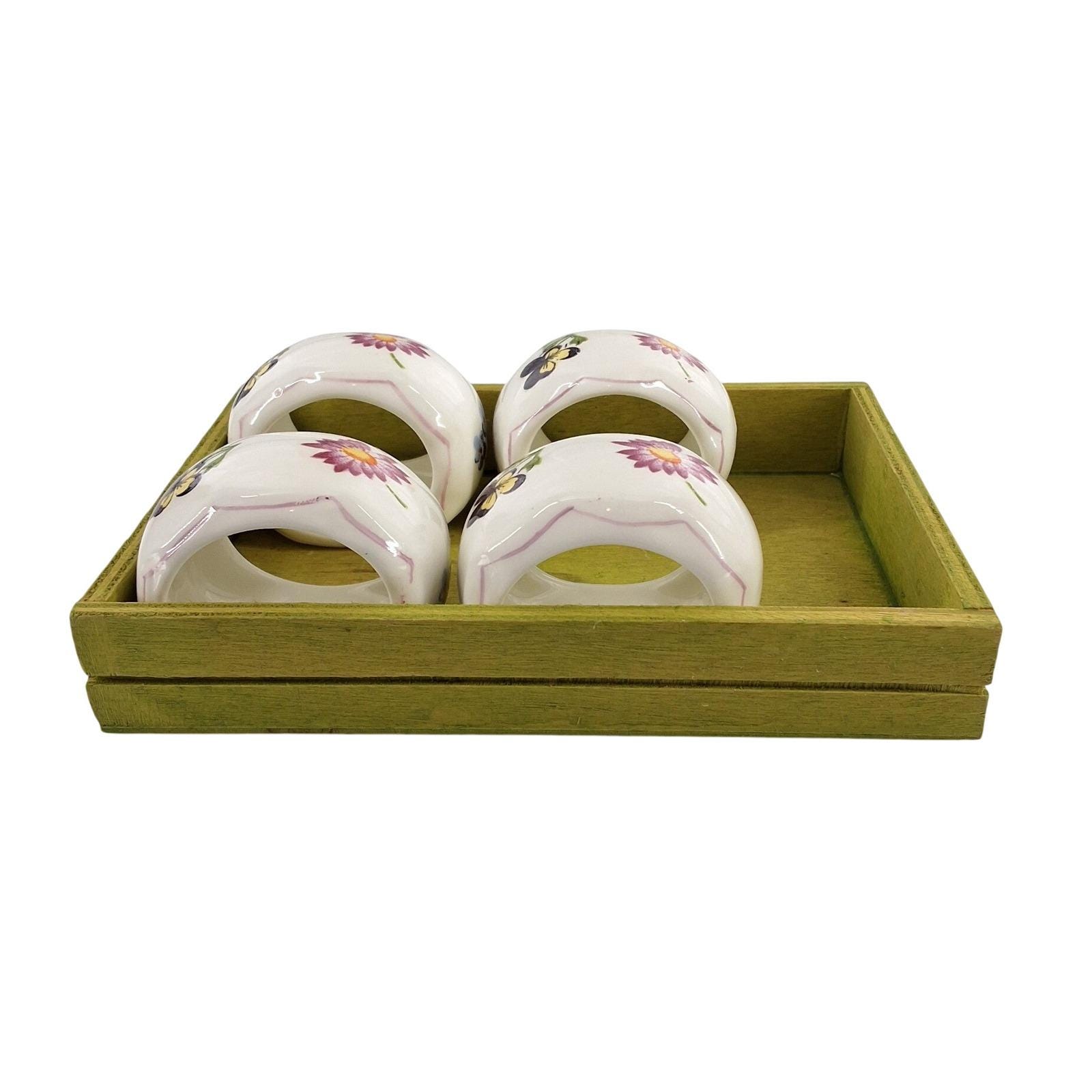 Vintage 1986 Pia Bone China Napkin Rings Set of 4 Floral with Display Tray - View 6