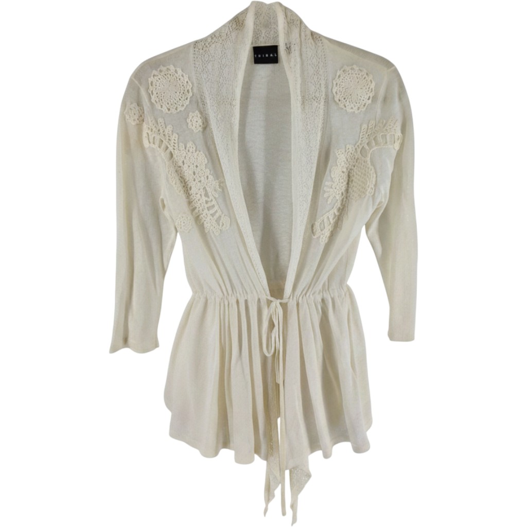 Tribal Cream Linen Blend Crochet Lace Trim Drawstring Cardigan Small 7695O-A15