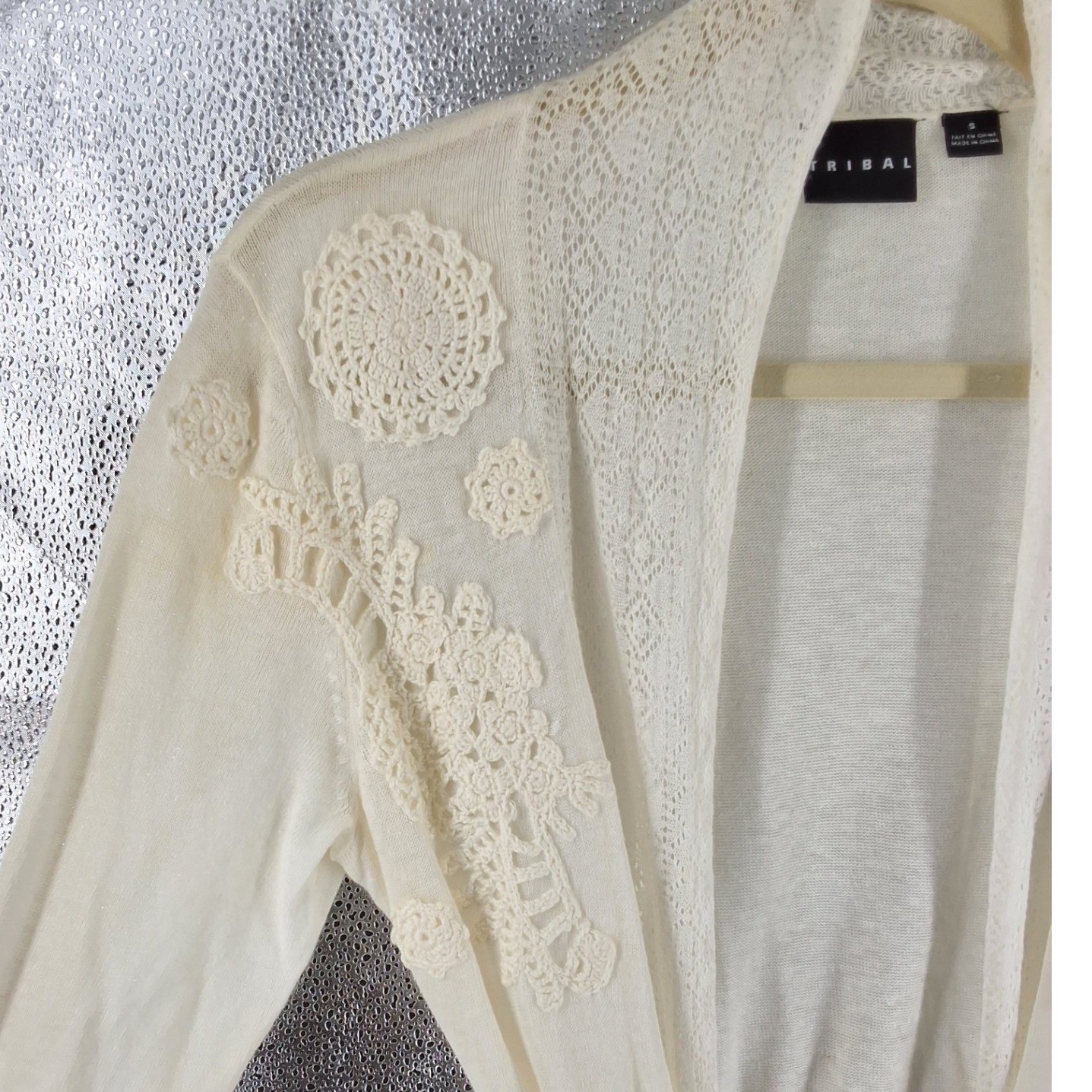 Tribal Cream Linen Blend Crochet Lace Trim Drawstring Cardigan Small 7695O-A15 - View 5