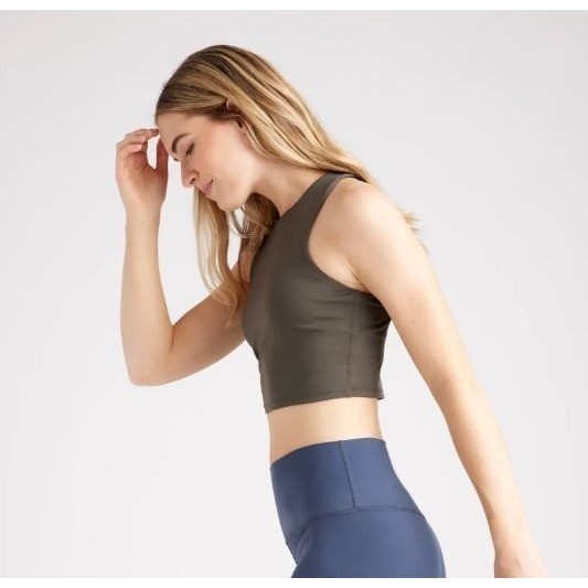 Quince Racerback Cropped Tank Top Large Olive Green Recycled Polyester NWT - View 4