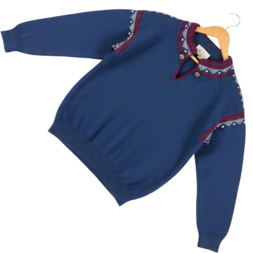 Nordic Nomad Vintage 100% Wool Hand Loomed Sweater Blue Fair Isle Split Neck