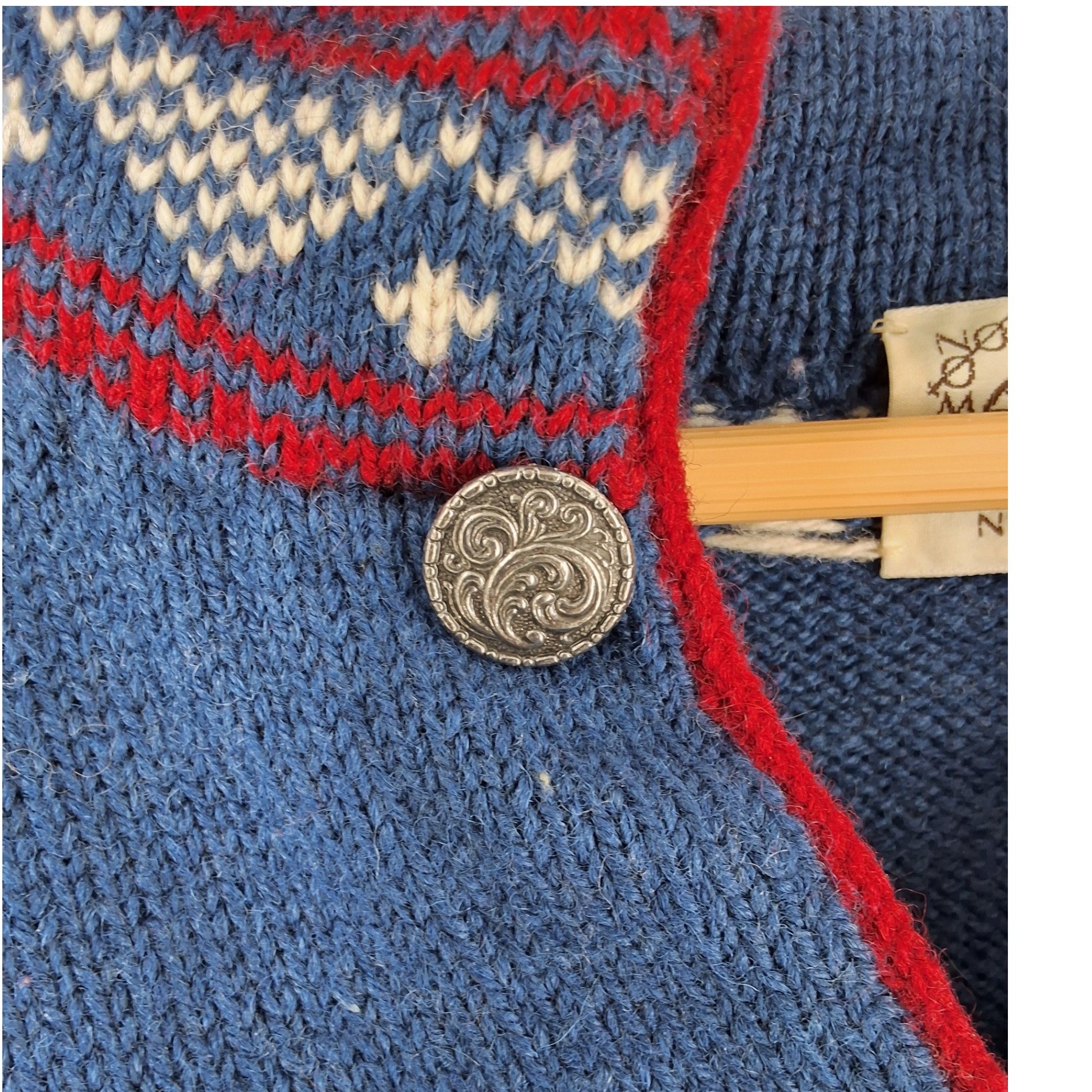 Nordic Nomad Vintage 100% Wool Hand Loomed Sweater Blue Fair Isle Split Neck