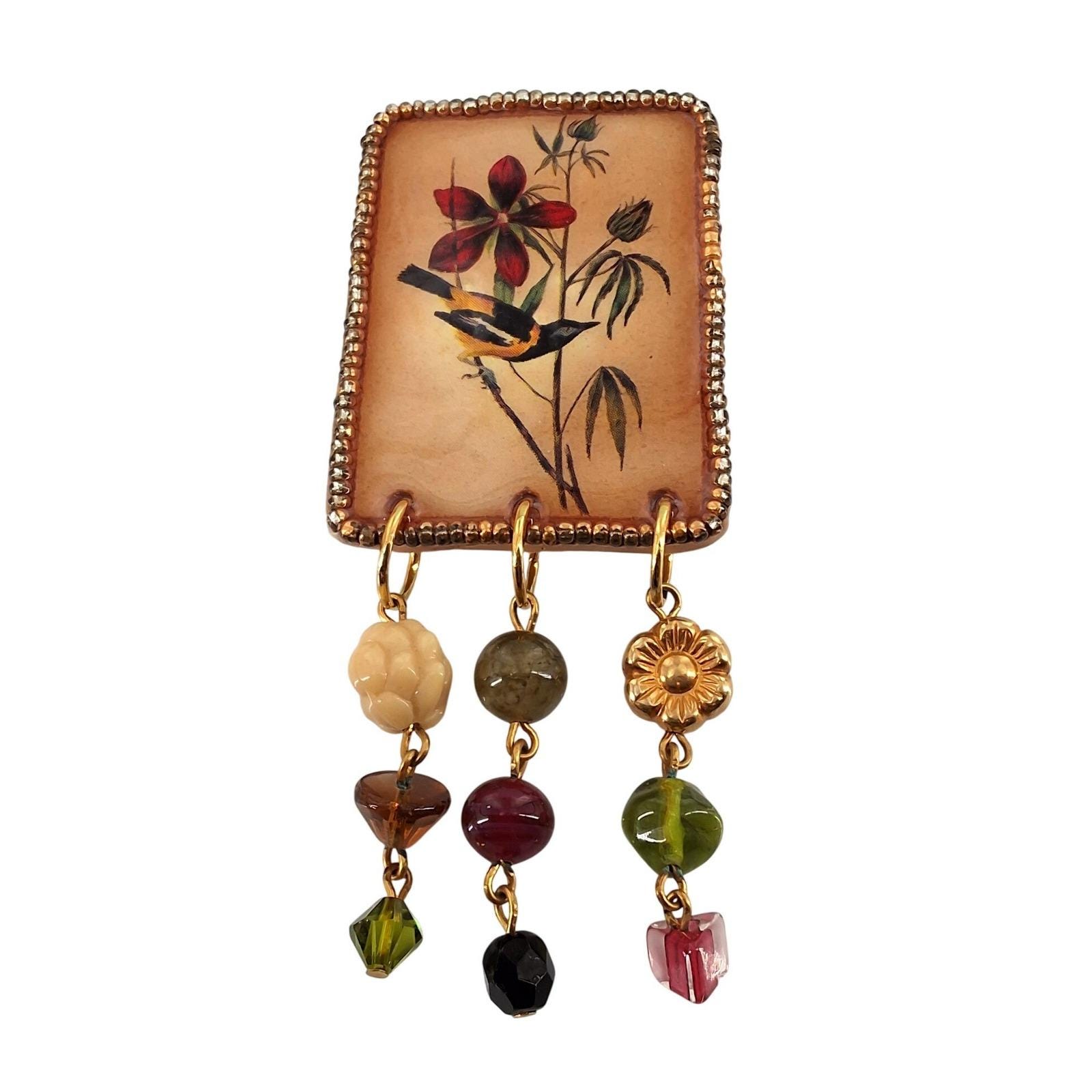 Vtg Katy Stidley Let It Bead Artisan Bird Flower Beaded Dangle Brooch Pin 90s