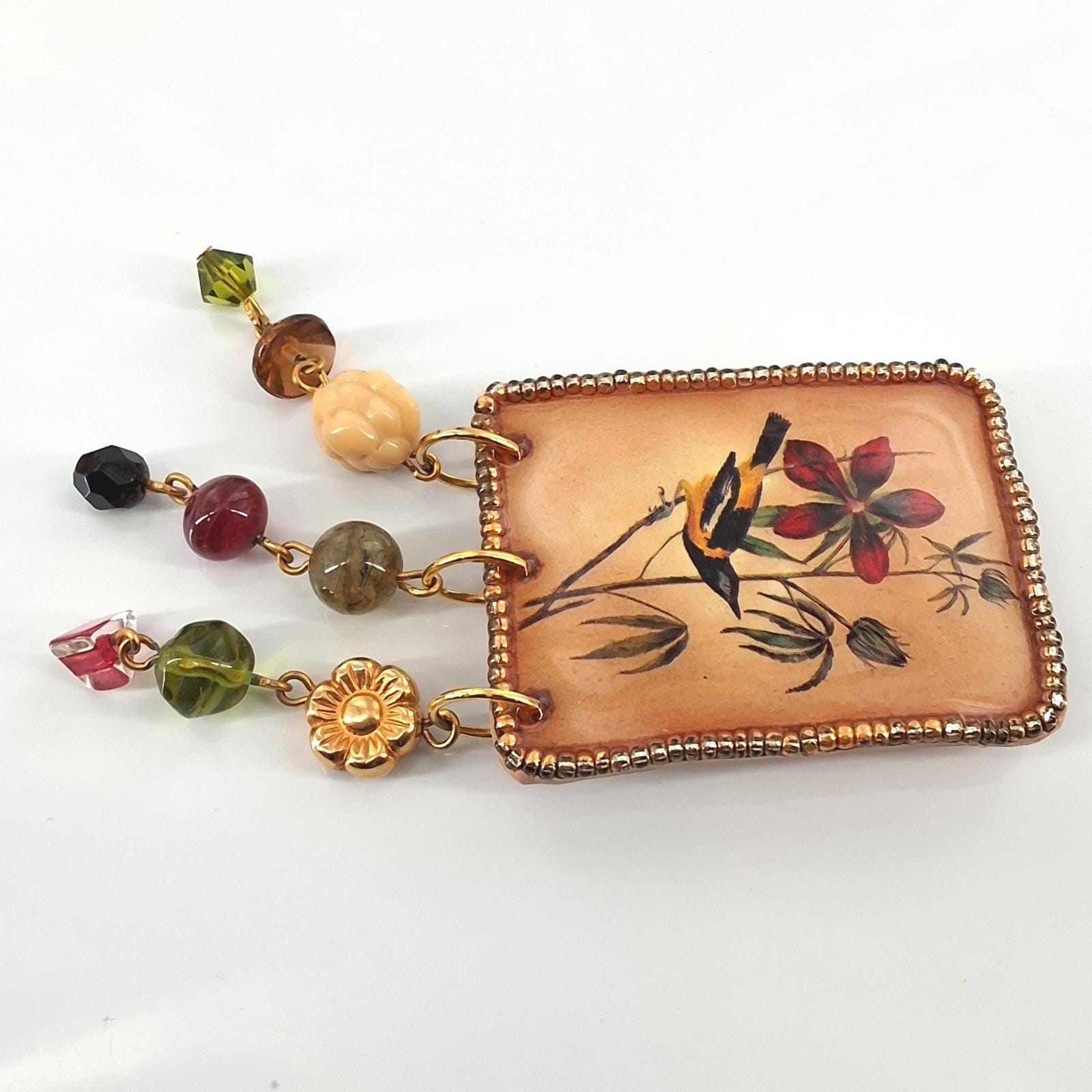 Vtg Katy Stidley Let It Bead Artisan Bird Flower Beaded Dangle Brooch Pin 90s - View 6
