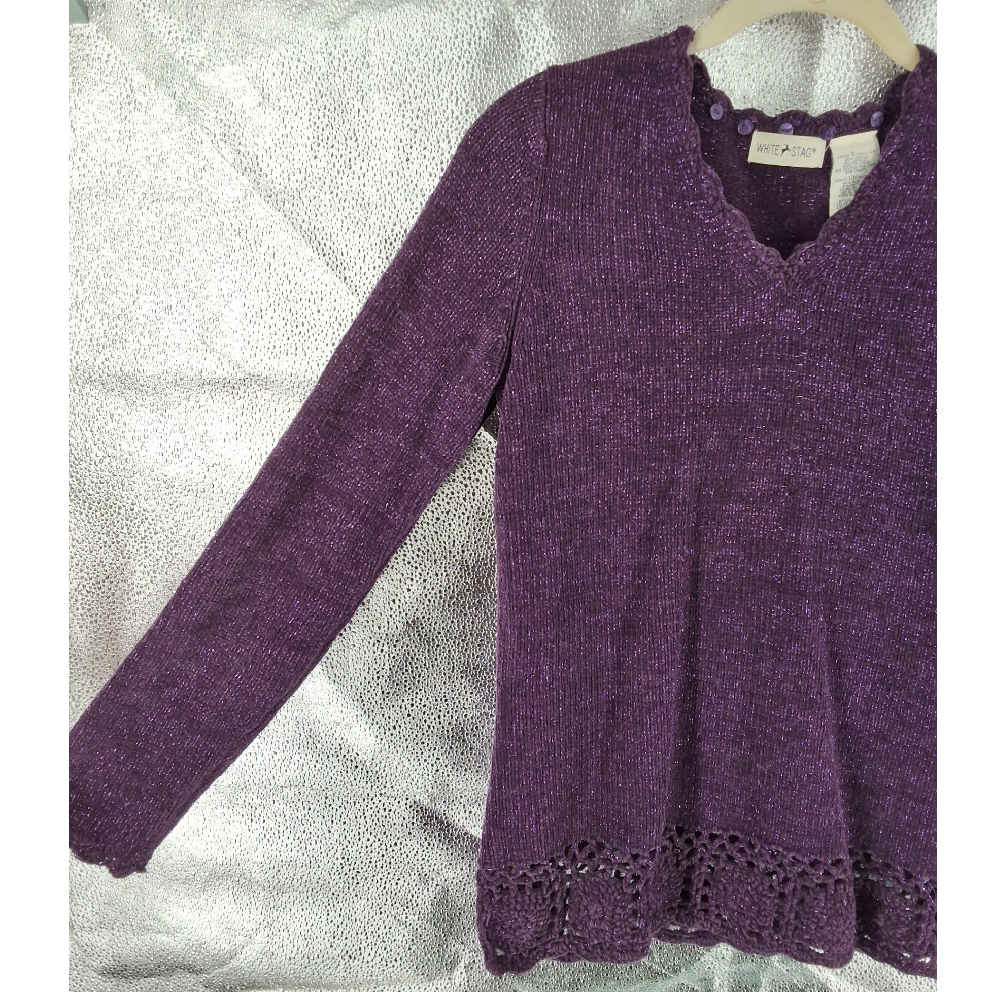 Vintage Metallic Knit Pullover Sweater & Scarf Set Purple Small 4/6 - View 6
