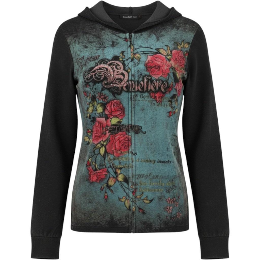 Somewhere Y2K Grunge Rose Graphic Zip Up Hoodie Black Blue Rhinestone USA Made