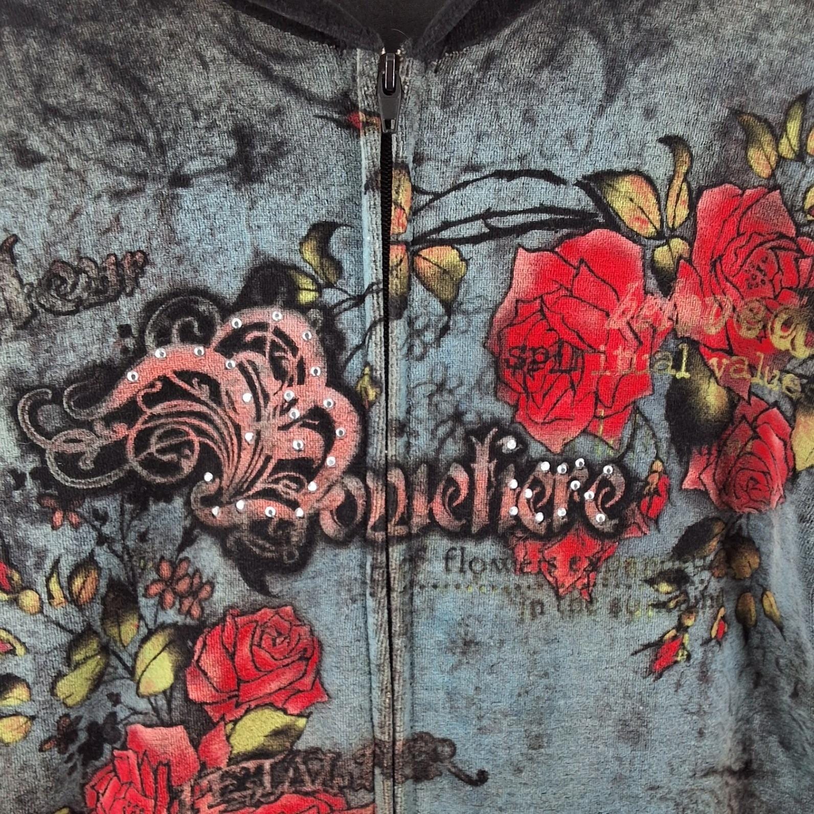 Somewhere Y2K Grunge Rose Graphic Zip Up Hoodie Black Blue Rhinestone USA Made - View 3