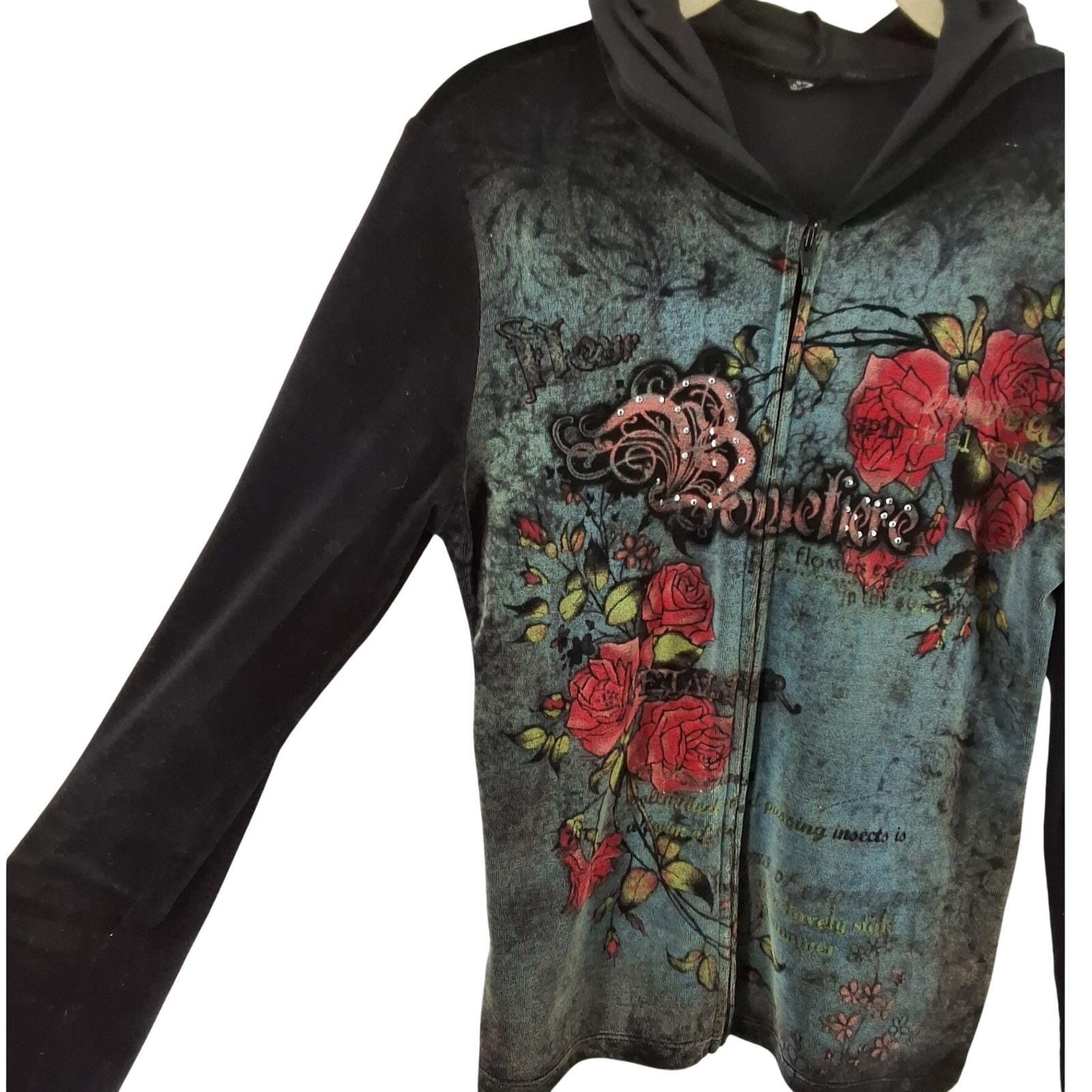 Somewhere Y2K Grunge Rose Graphic Zip Up Hoodie Black Blue Rhinestone USA Made - View 7