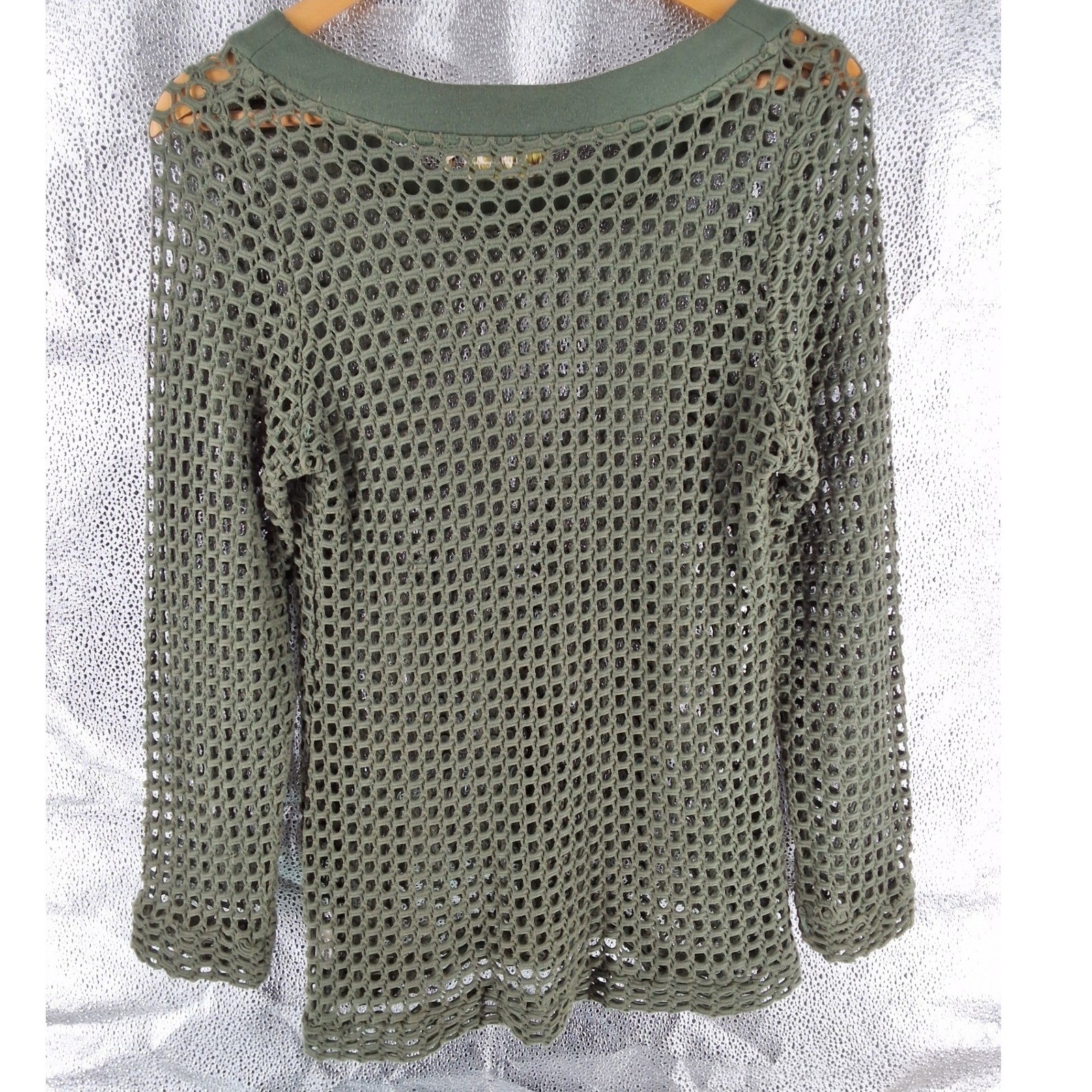 Impulse California Open Knit Crochet Mesh Sweater Top M Olive Green Boho - View 5
