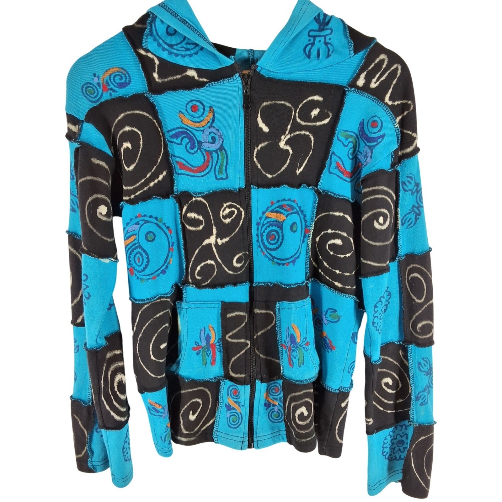 Rising International Boho Patchwork Razor Cut Hoodie Nepal Om Yin Yang Blue S/M