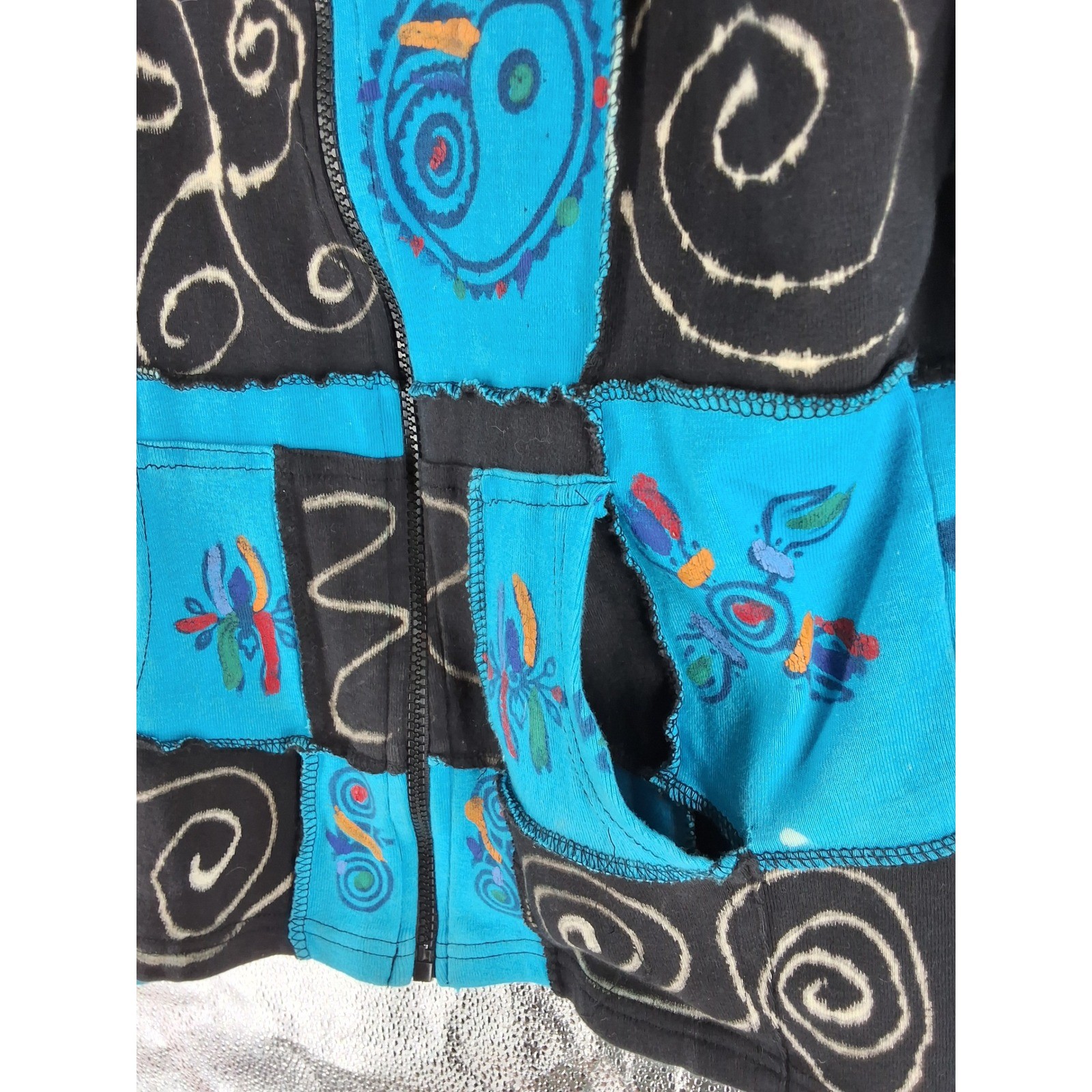 Rising International Boho Patchwork Razor Cut Hoodie Nepal Om Yin Yang Blue S/M - View 4