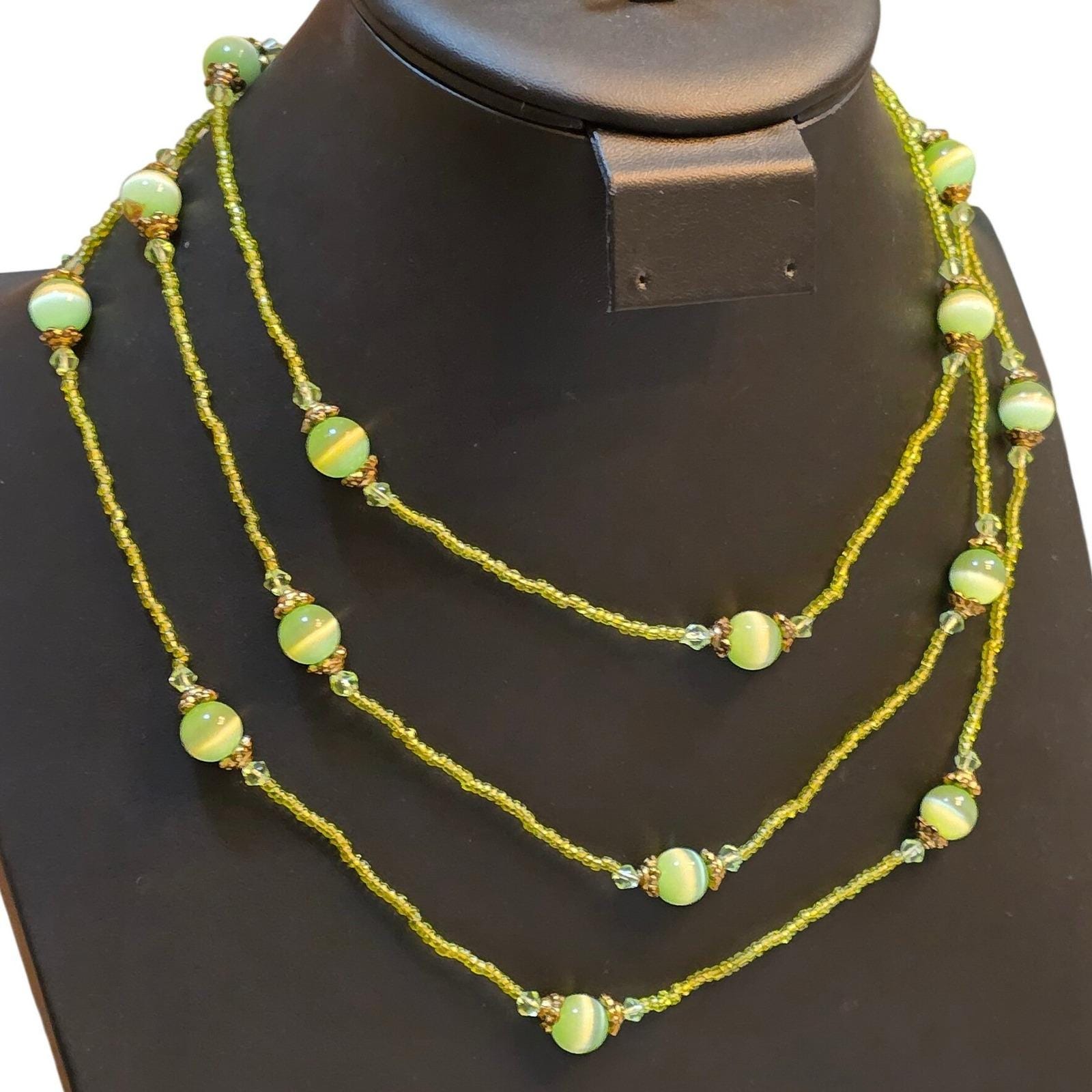Lime Green Cats Eye Glass Beaded Necklace Long Layering Strand Bronze Tone Boho - View 3