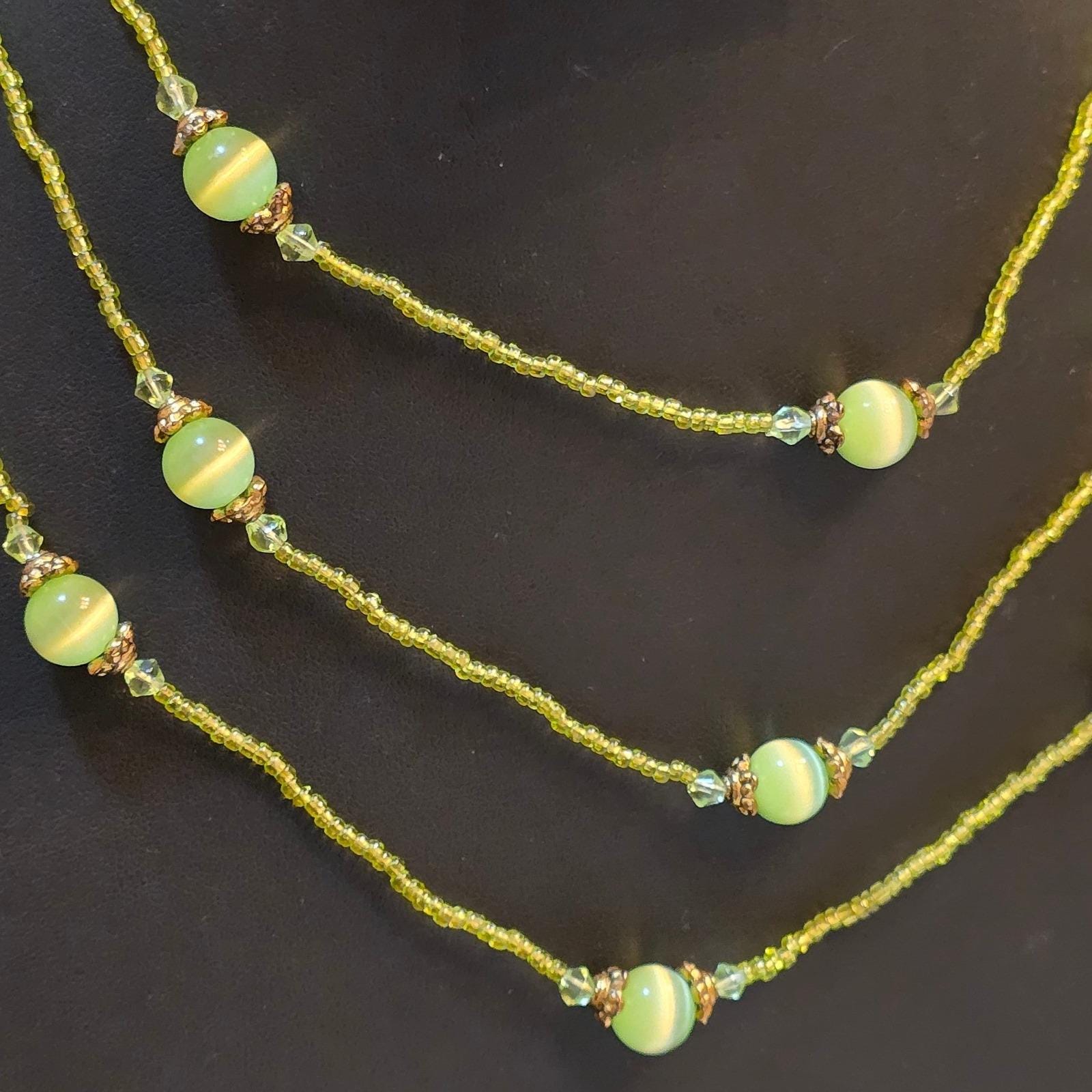 Lime Green Cats Eye Glass Beaded Necklace Long Layering Strand Bronze Tone Boho - View 6
