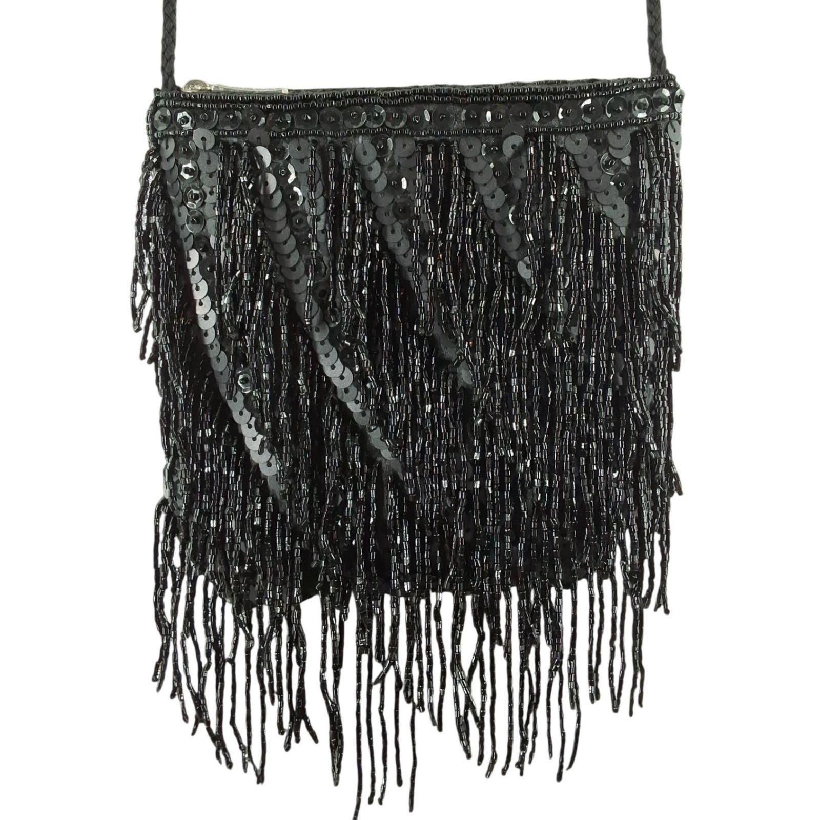 Far Nine Vintage Y2K Black Beaded Fringe Sequin Crossbody Evening Bag Purse