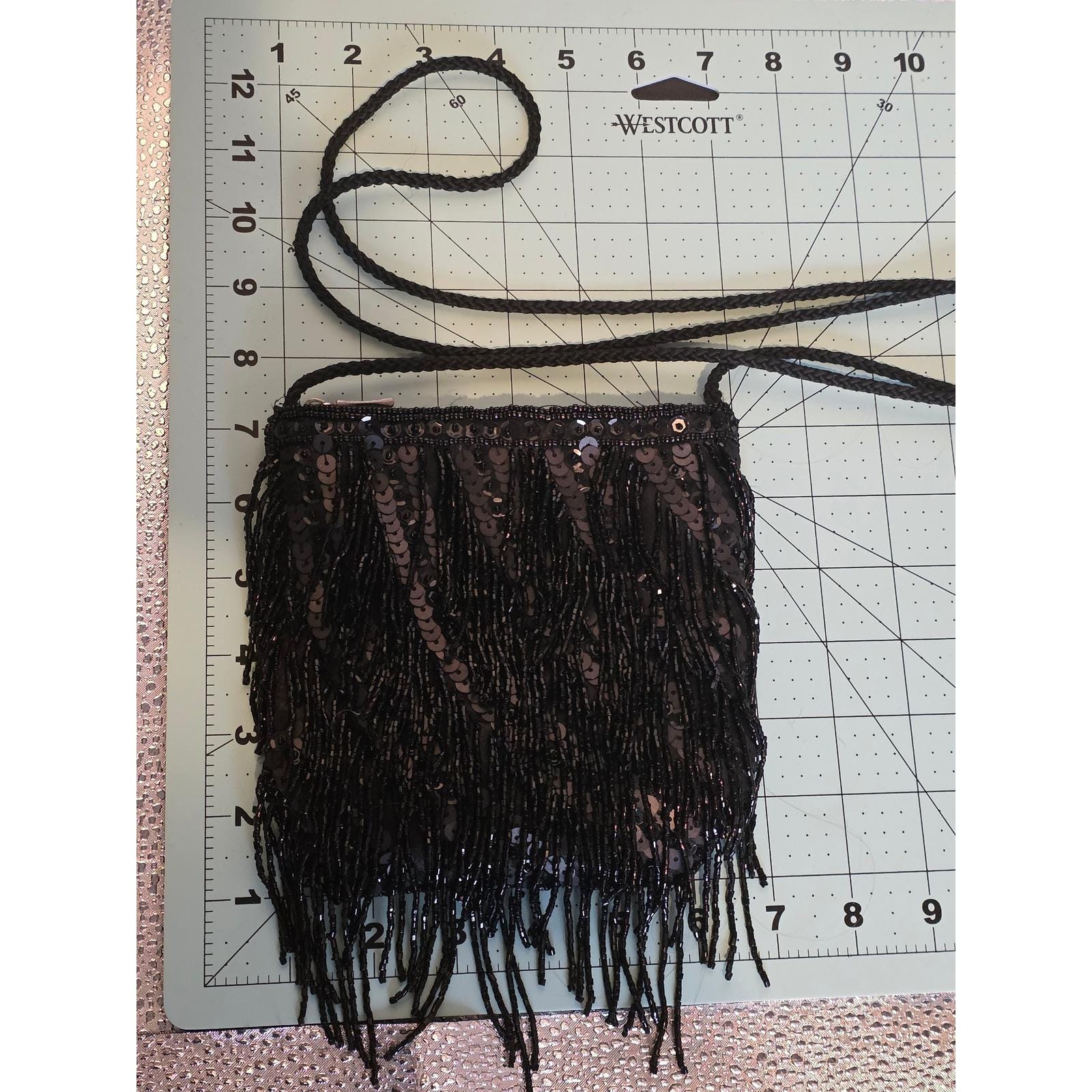Far Nine Vintage Y2K Black Beaded Fringe Sequin Crossbody Evening Bag Purse - View 6
