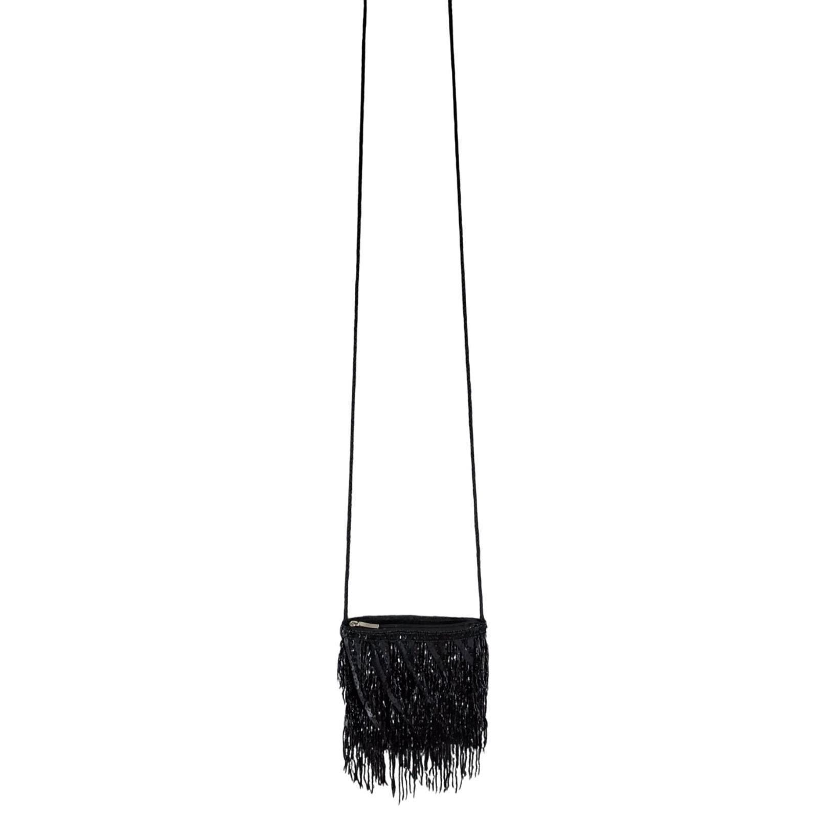 Far Nine Vintage Y2K Black Beaded Fringe Sequin Crossbody Evening Bag Purse - View 8