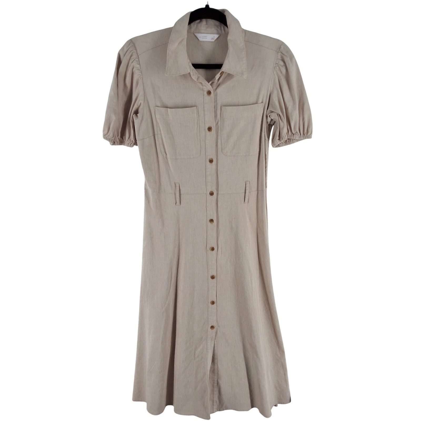 LC Lauren Conrad Beige Linen Blend Button Front Puff Sleeve Midi Dress S