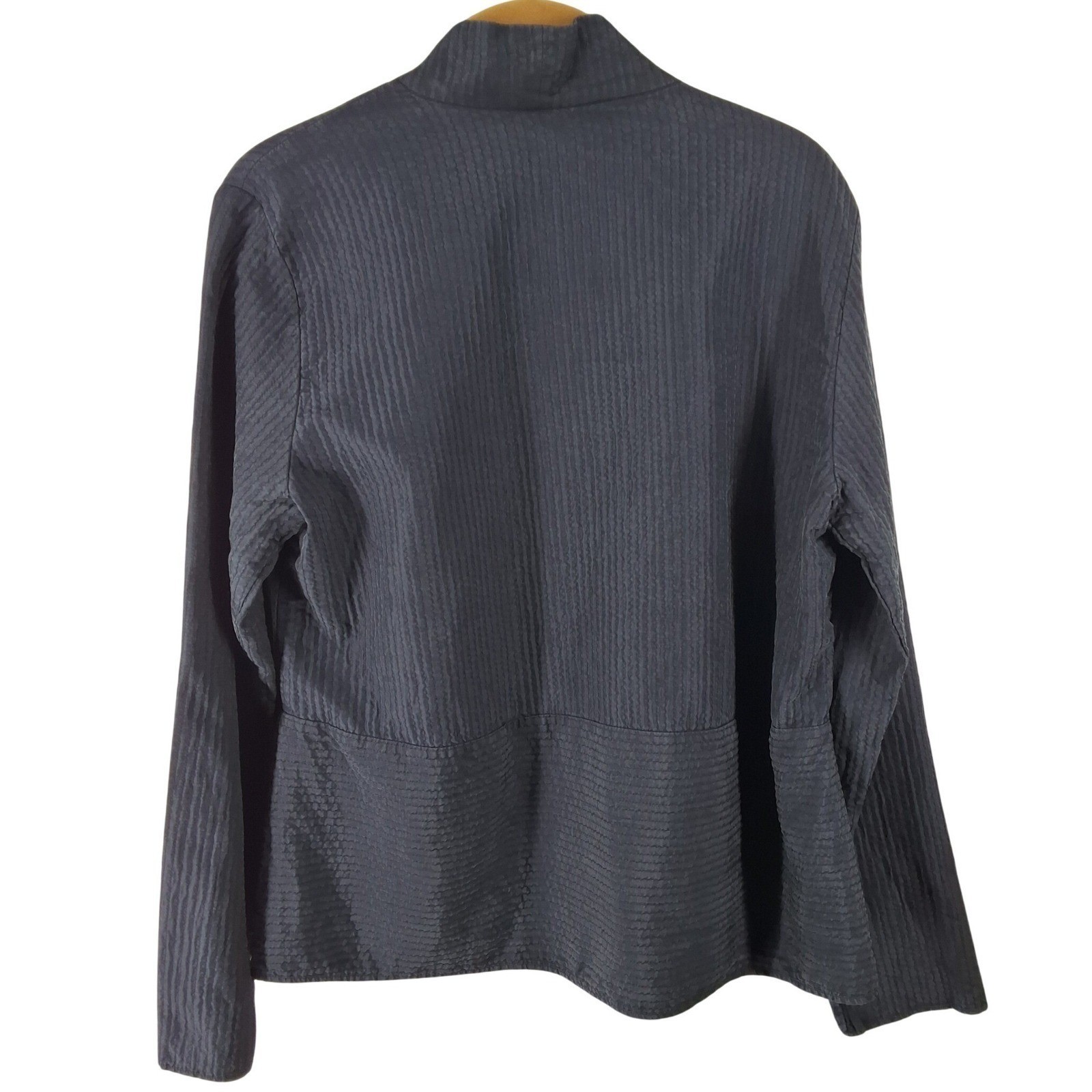 Eileen Fisher Indigo Blue 100% Silk Textured Open Front Jacket Pockets Size S - View 3
