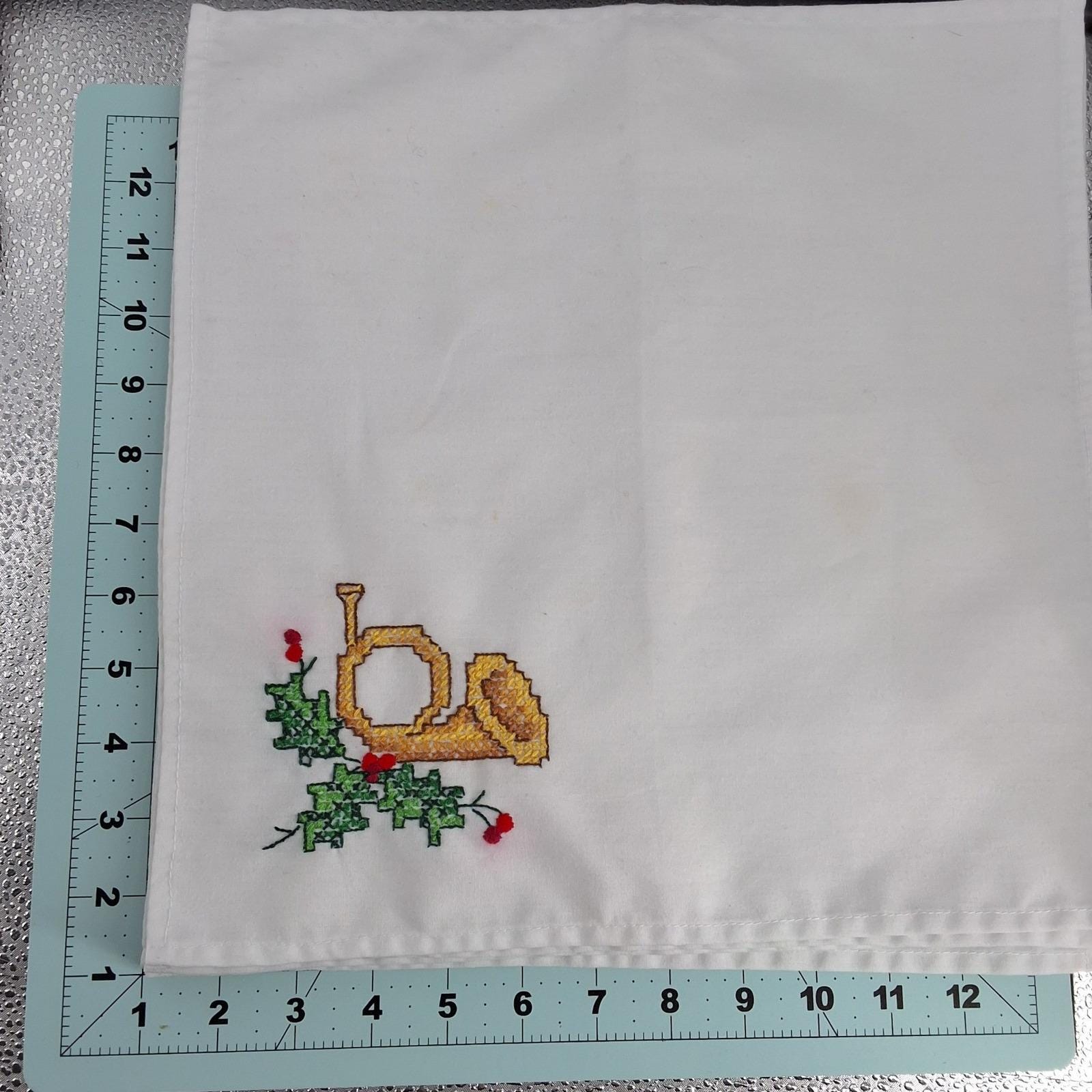 Vintage Cross Stitch Christmas Napkins White Cotton French Horn Holly Set of 6