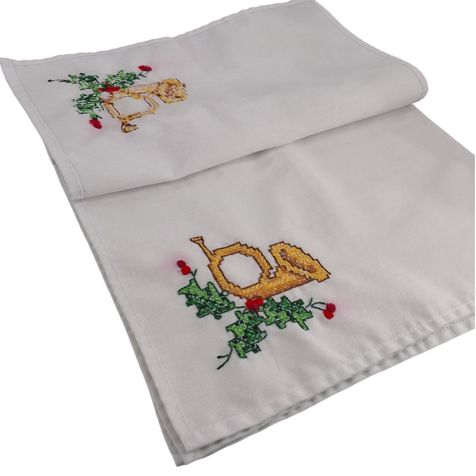 Vintage Cross Stitch Christmas Napkins White Cotton French Horn Holly Set of 6 - View 3