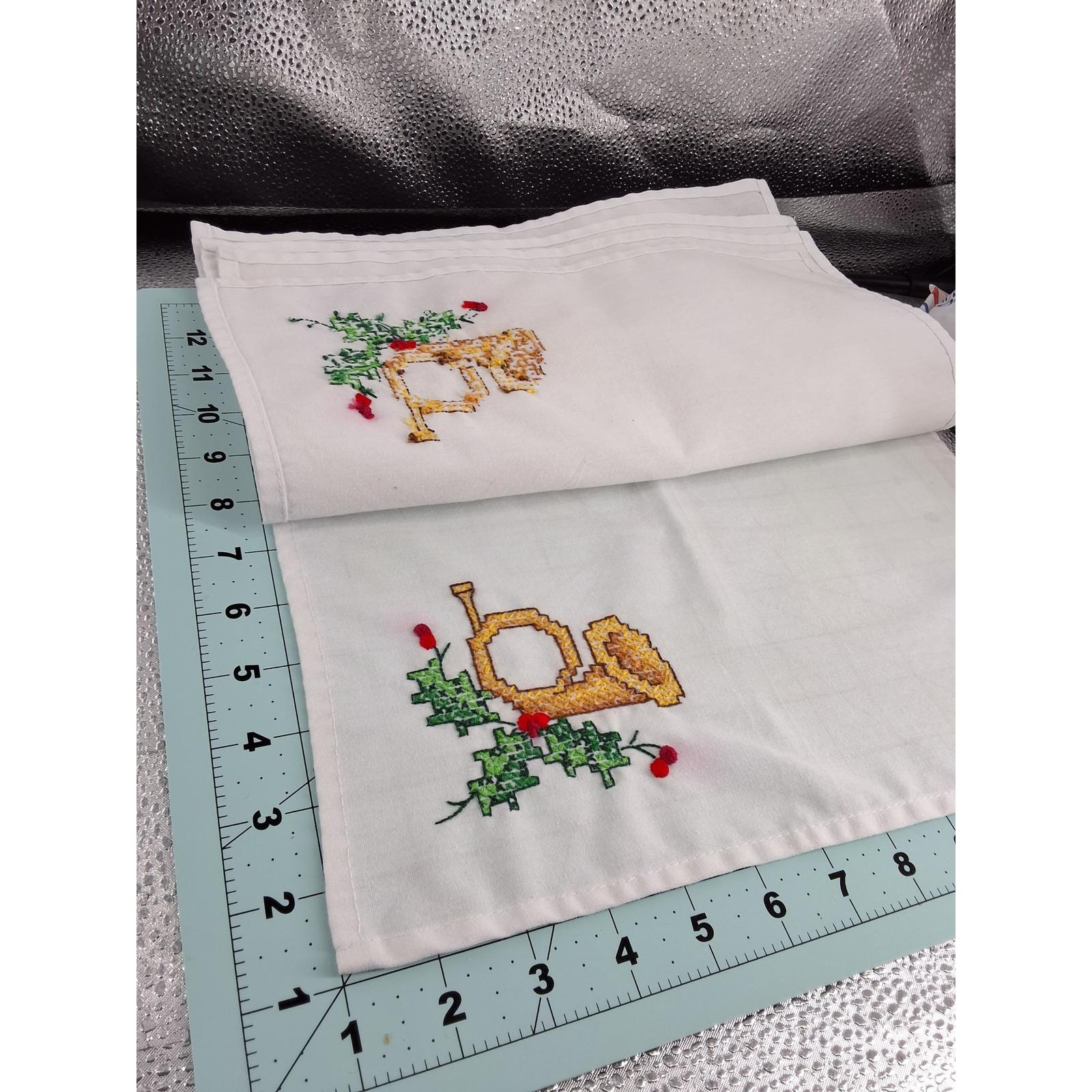 Vintage Cross Stitch Christmas Napkins White Cotton French Horn Holly Set of 6 - View 6