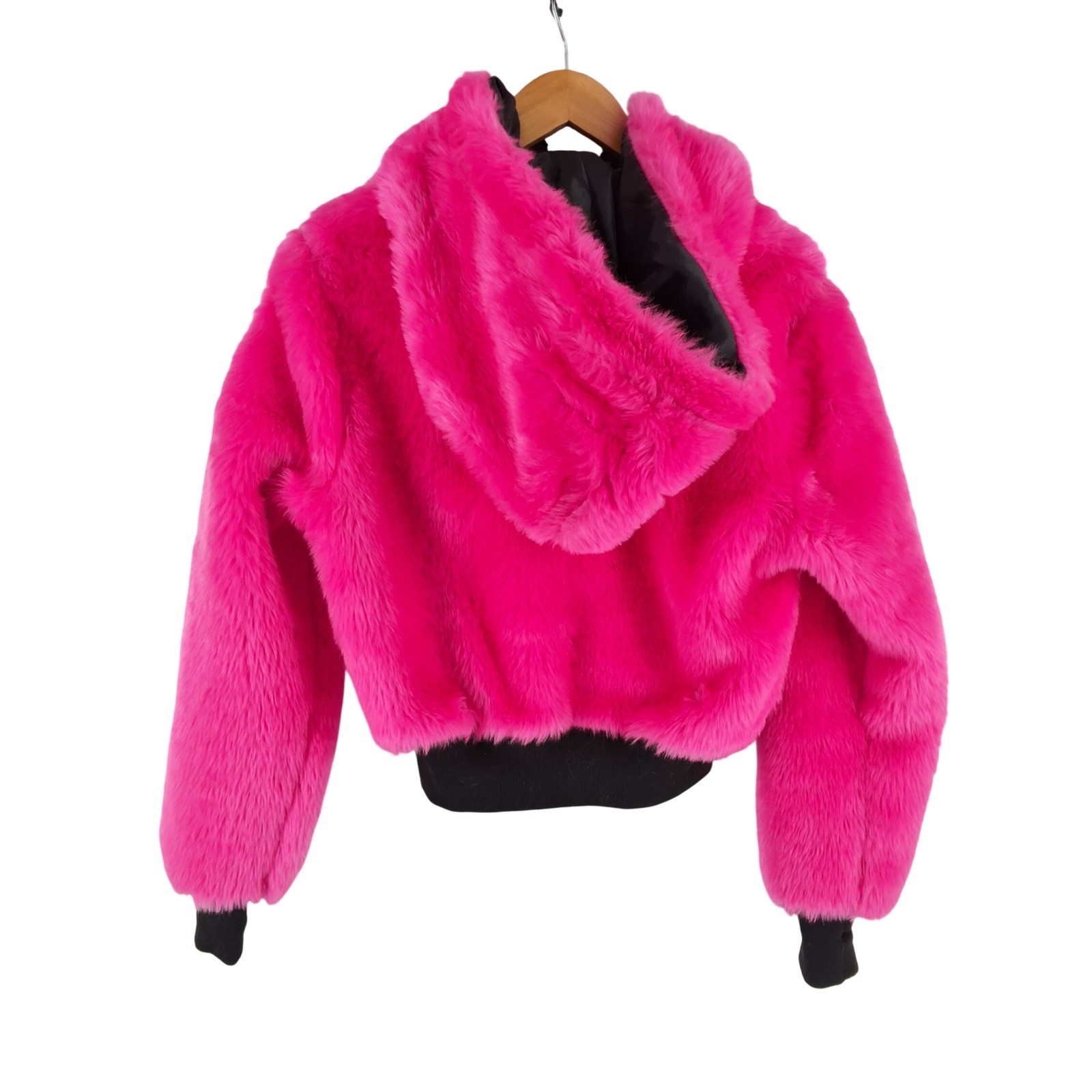 Club Exx Dolls Kill Pink Faux Fur Hooded Cropped Bomber Jacket Star Zipper XS - View 3