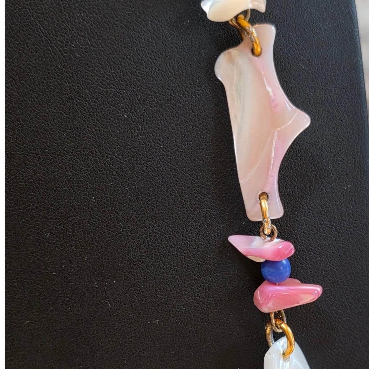 Long Handmade Beaded Shell Rope Necklace Vintage Pink Blue White Gold Tone - View 6