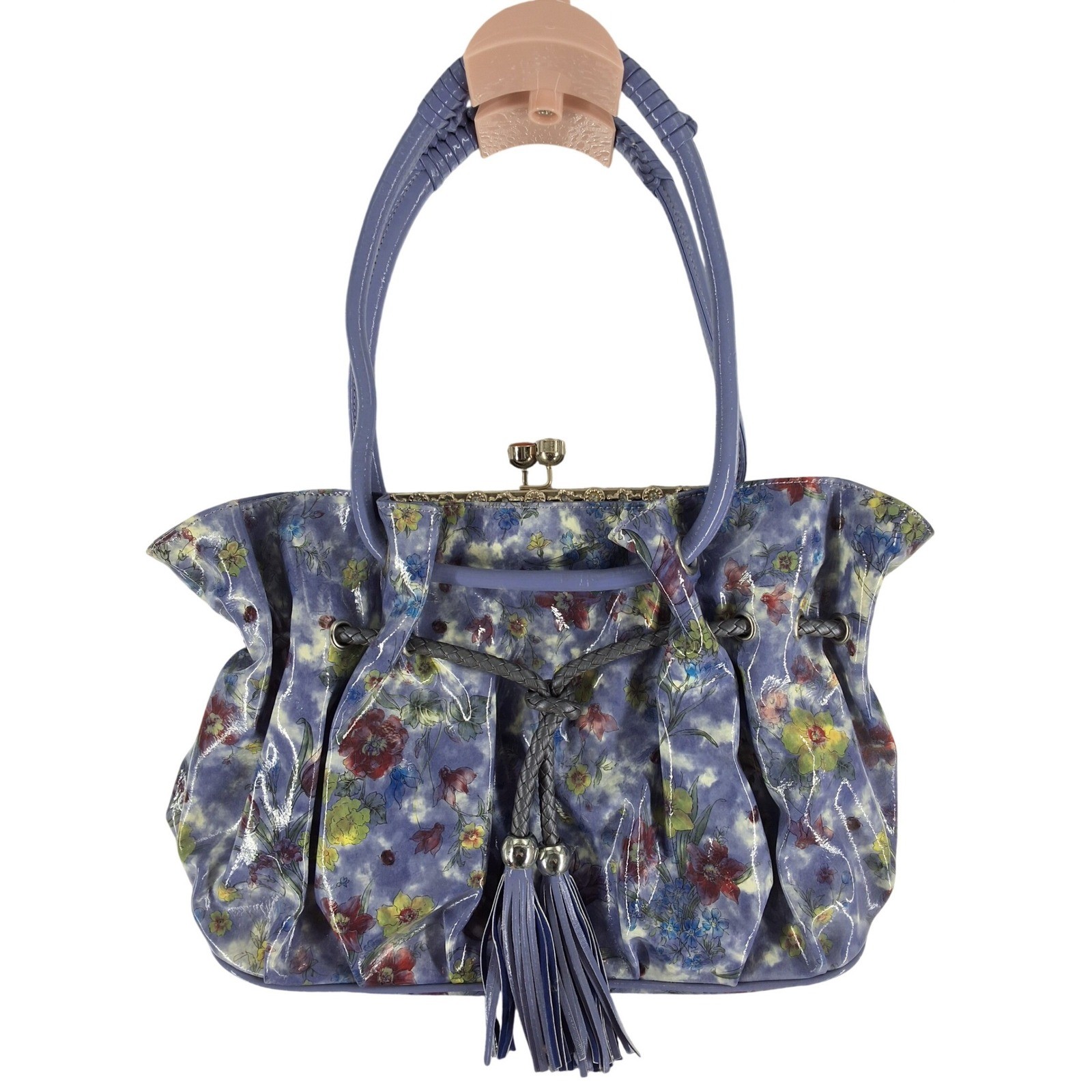 Valojusha Purple Floral Kiss Lock Shoulder Bag Tassel Crystal Trim Whimsygoth XL