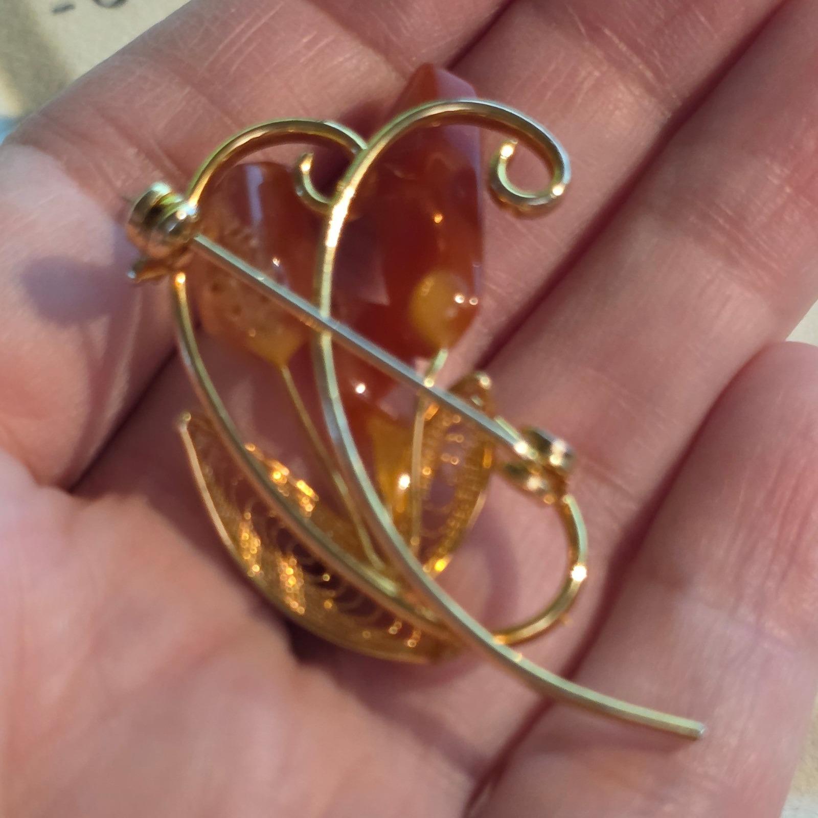 Vintage Gold Tone Filigree Flower Brooch Carnelian Color 2"