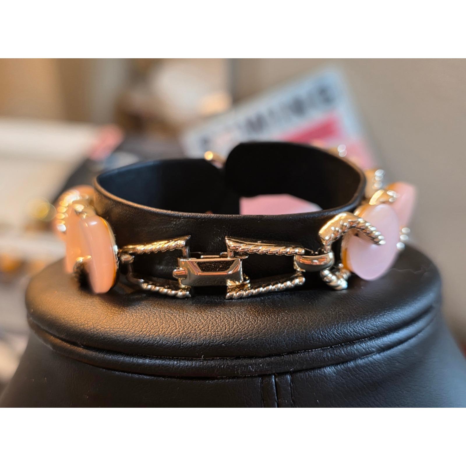 Vintage Pink Moonglow Beaded Bracelet Gold Tone Fold Over Clasp - View 3
