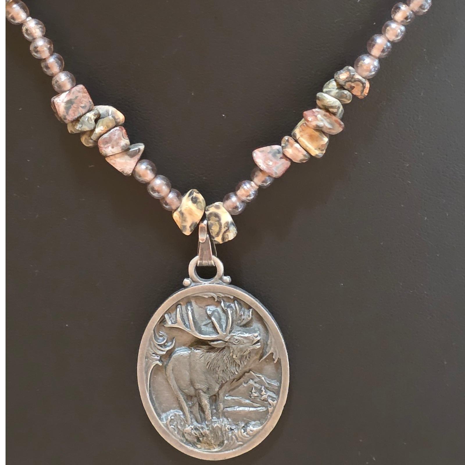 Roosevelt Elk Pendant Natural Leopard Jasper Chip Beaded Necklace 18"