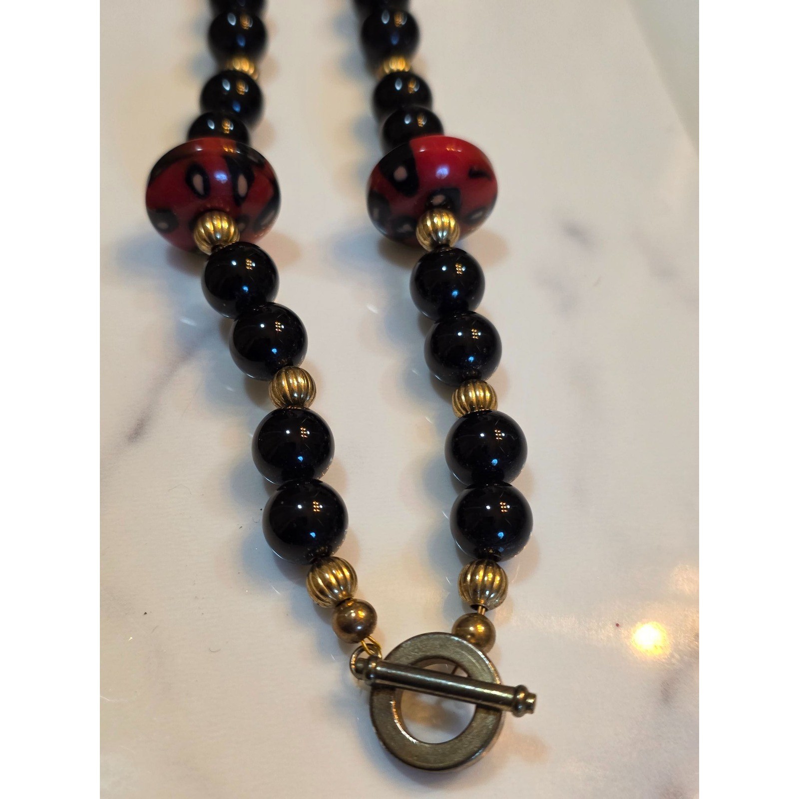 Artisan Red Black Beaded Necklace Striped Teardrop Pendant Gold Tone Clasp