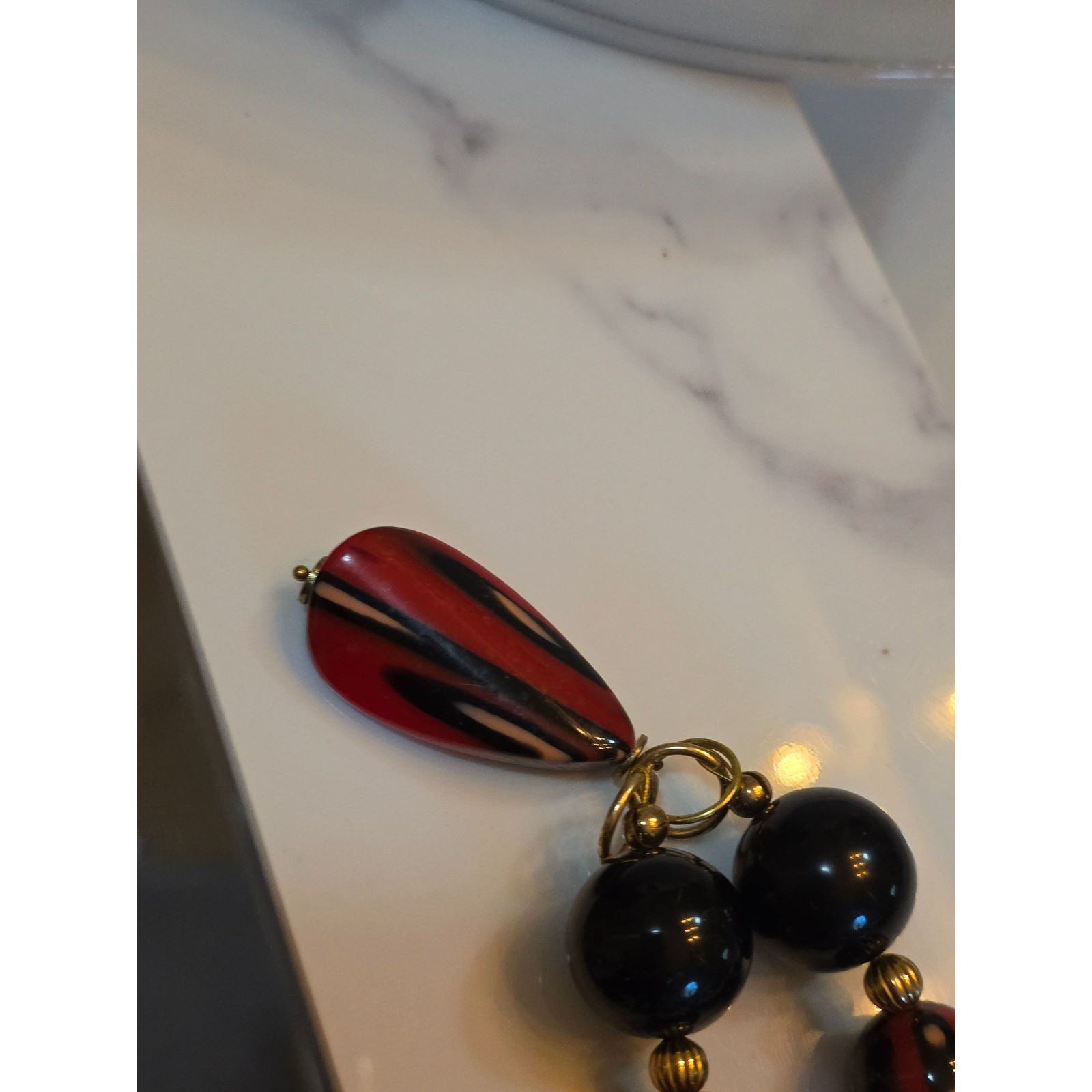 Artisan Red Black Beaded Necklace Striped Teardrop Pendant Gold Tone Clasp - View 7