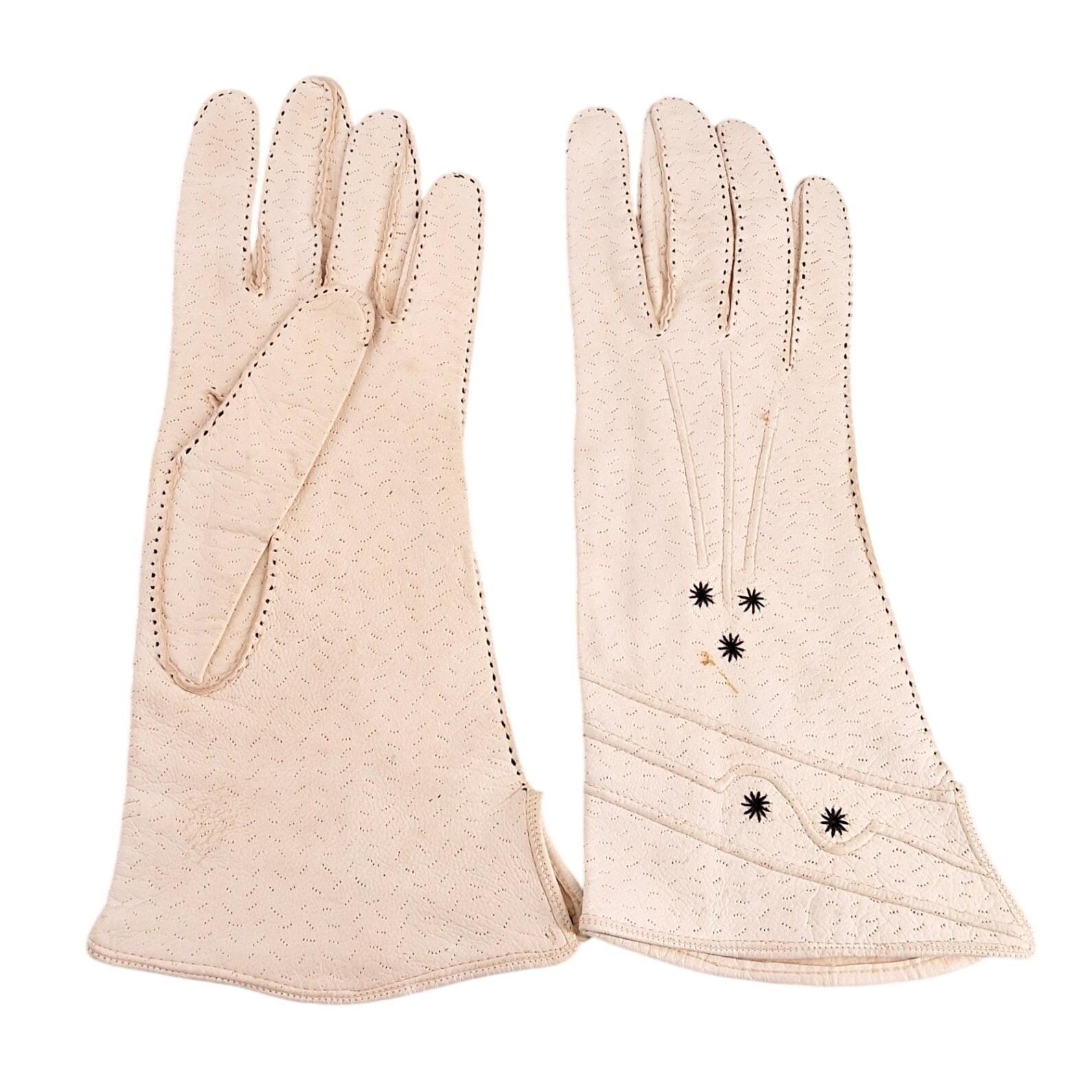 1950s Vintage Cream Leather Gauntlet Gloves Black Starburst Embroidery