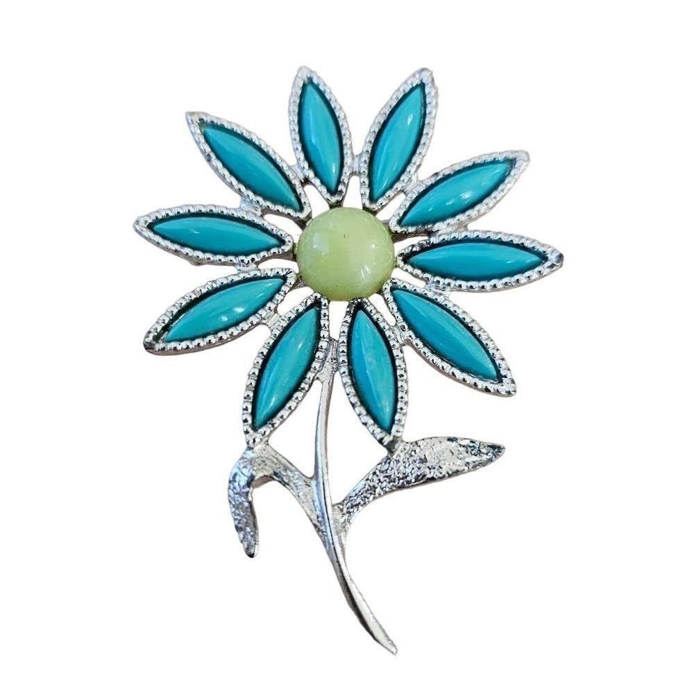 Sarah Coventry Vintage Turquoise Blue Lime Green Flower Brooch Silver Tone Pin
