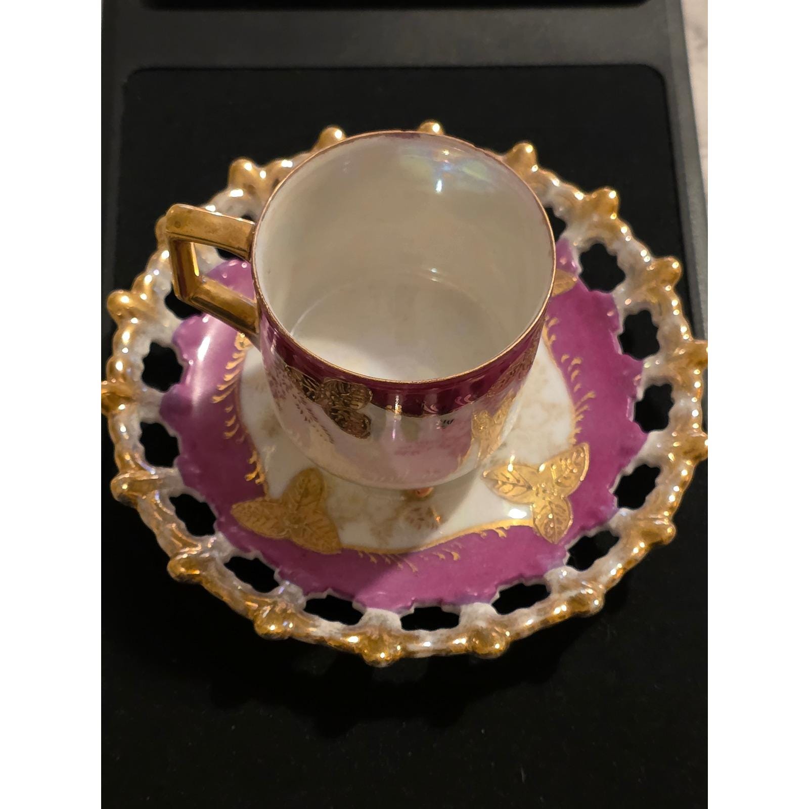 Royal Sealy China Lusterware 3-Footed Teacup Reticulated Saucer Magenta Gold VTG