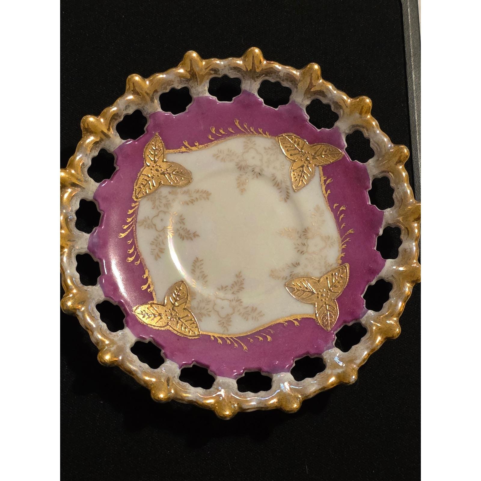 Royal Sealy China Lusterware 3-Footed Teacup Reticulated Saucer Magenta Gold VTG - View 3