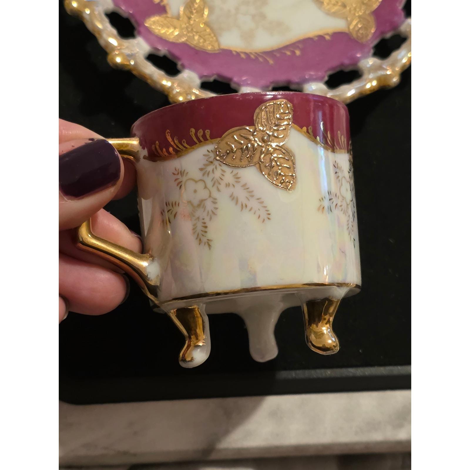 Royal Sealy China Lusterware 3-Footed Teacup Reticulated Saucer Magenta Gold VTG - View 4
