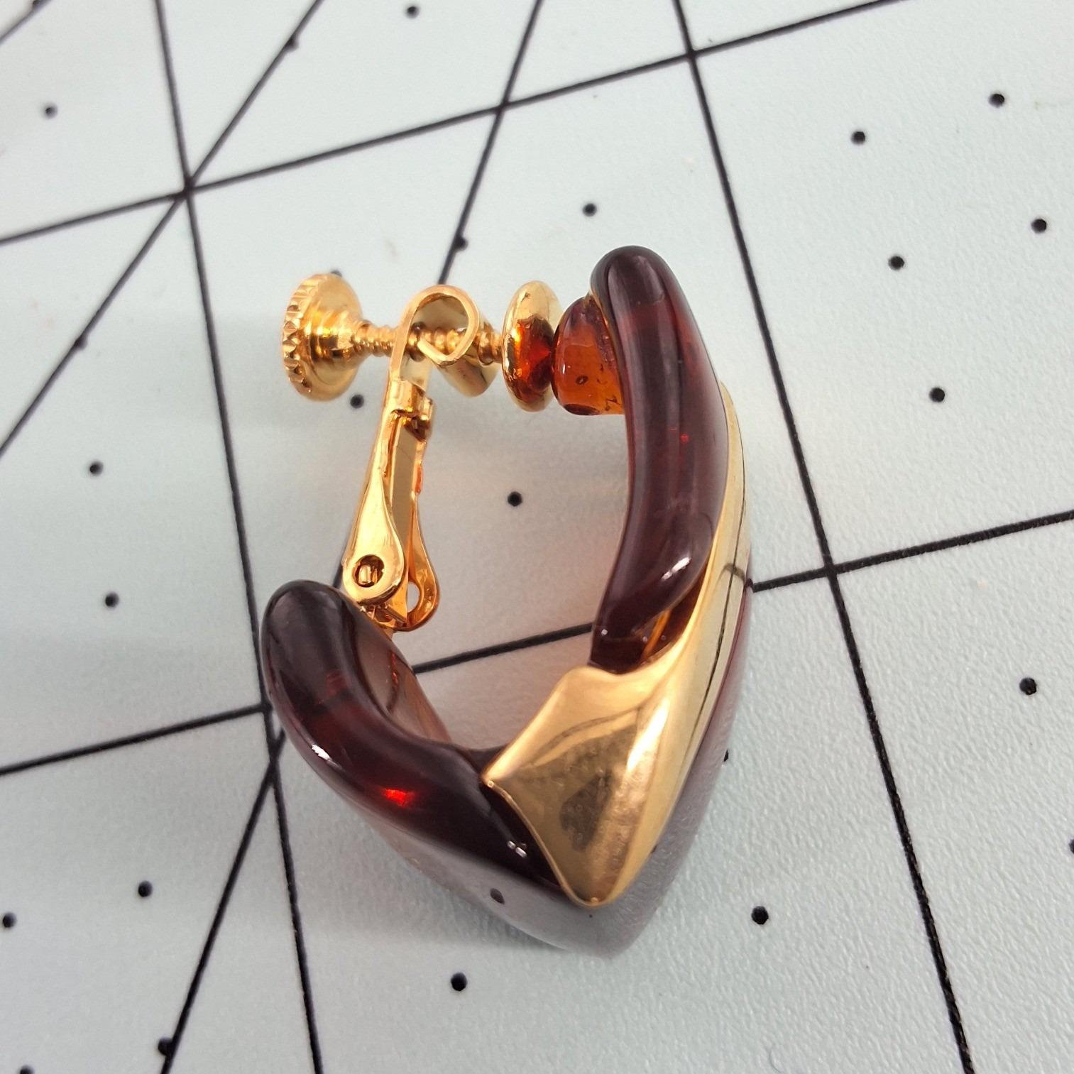 Vintage Napier Gold Plated Brown Lucite Screw Back Earrings - View 3