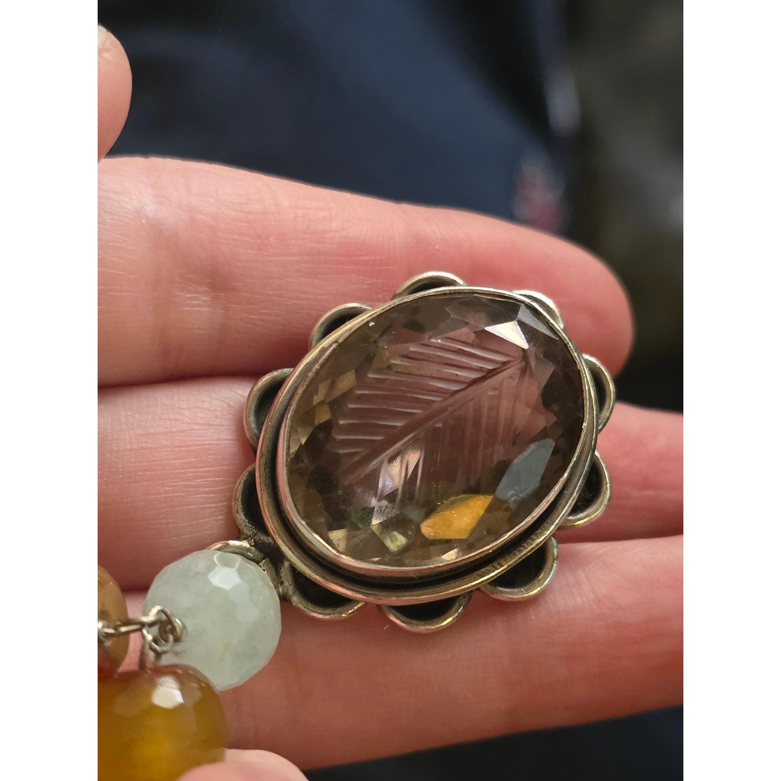 Smoky Quartz Intaglio Pendant Beaded Necklace Toggle Clasp - View 3