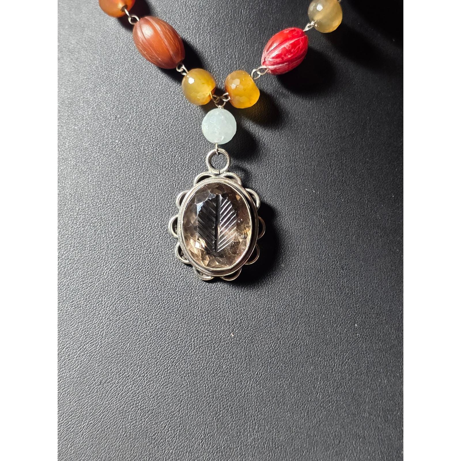 Smoky Quartz Intaglio Pendant Beaded Necklace Toggle Clasp - View 4