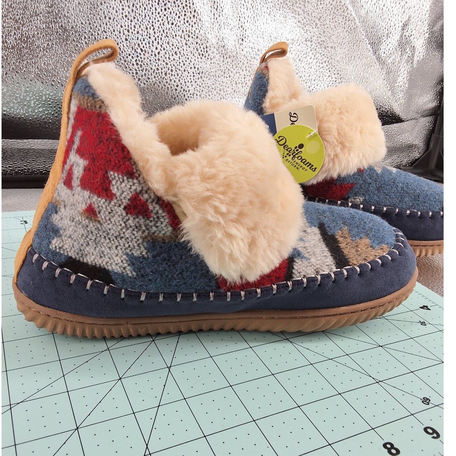 Dearfoams Southwestern Geometric Faux Fur Bootie Slippers Womens Sz 7 - View 6