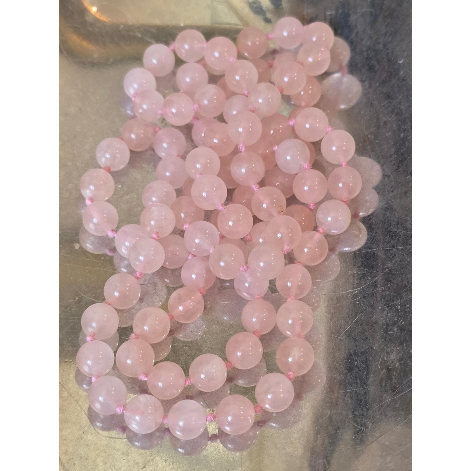 Vintage Hand Knotted Rose Quartz Beaded Necklace 32" Pink Boho