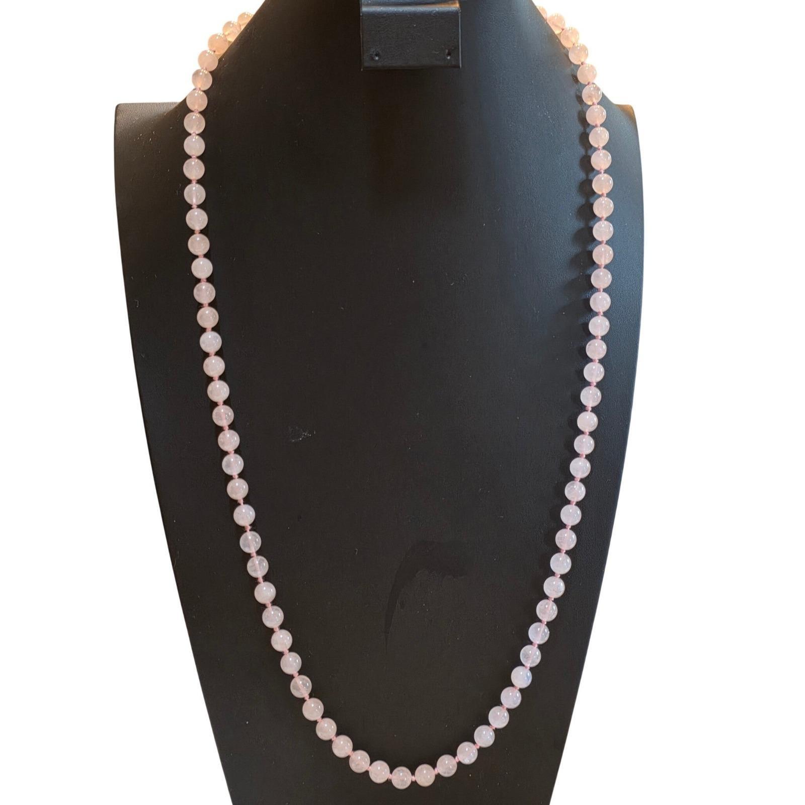 Vintage Hand Knotted Rose Quartz Beaded Necklace 32" Pink Boho - View 3