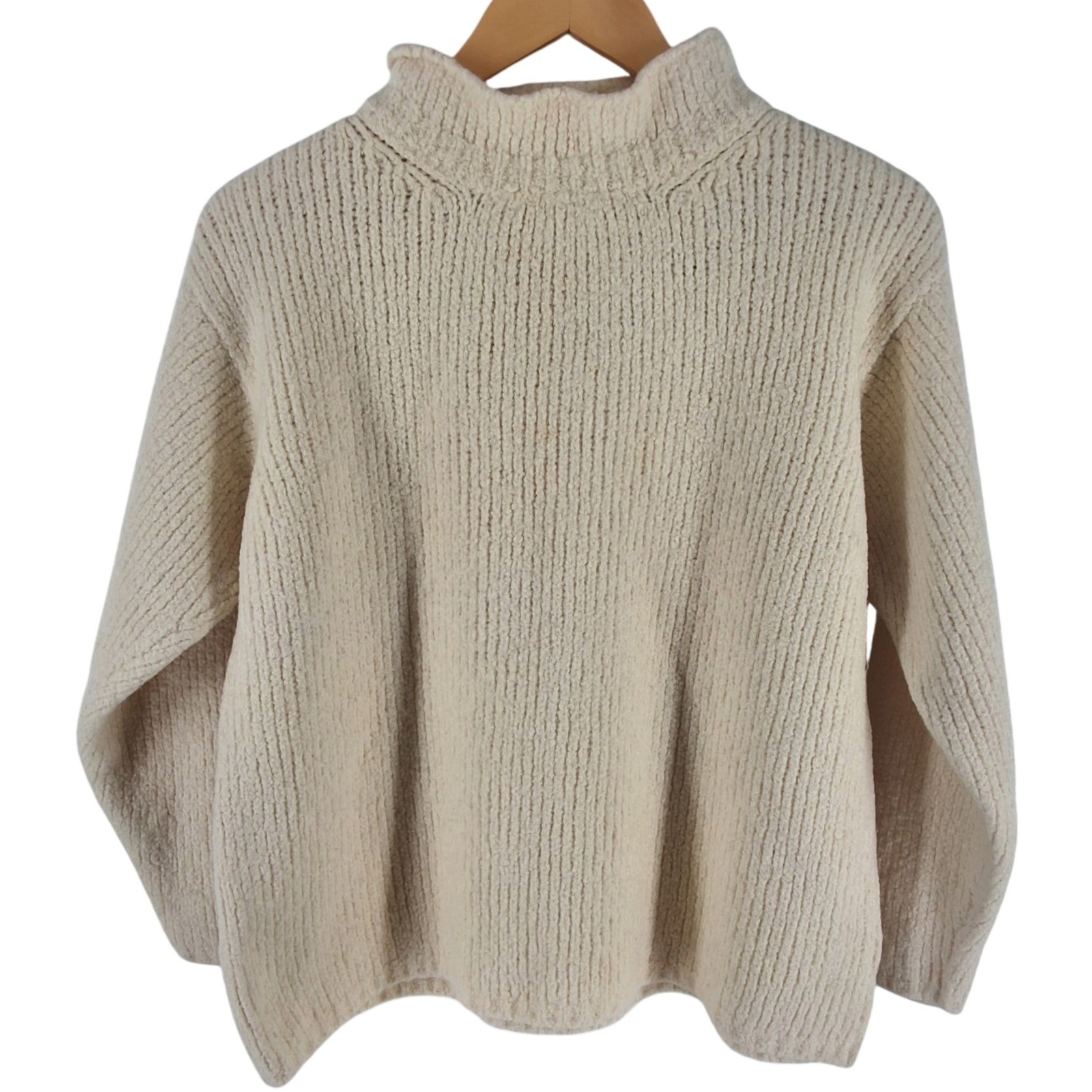 Quills Woollen Market Ireland Merino Cashmere Ribbed Mock Neck Sweater Cream L