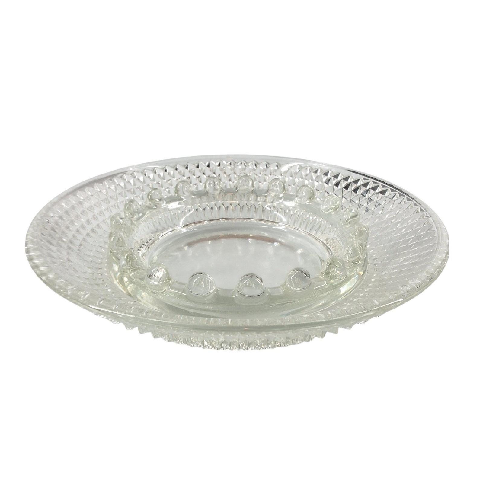 Vintage Clear Pressed Glass Ashtray Diamond Point Textured Rim 6.5 Inch Round - View 3