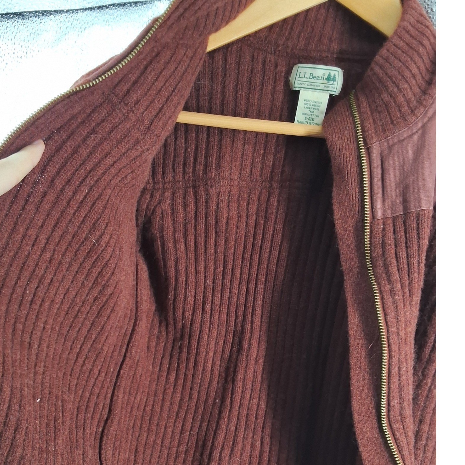 LL Bean Mens Commando Merino Wool Full Zip Ribbed Sweater Elbow Patch Brown S - View 7