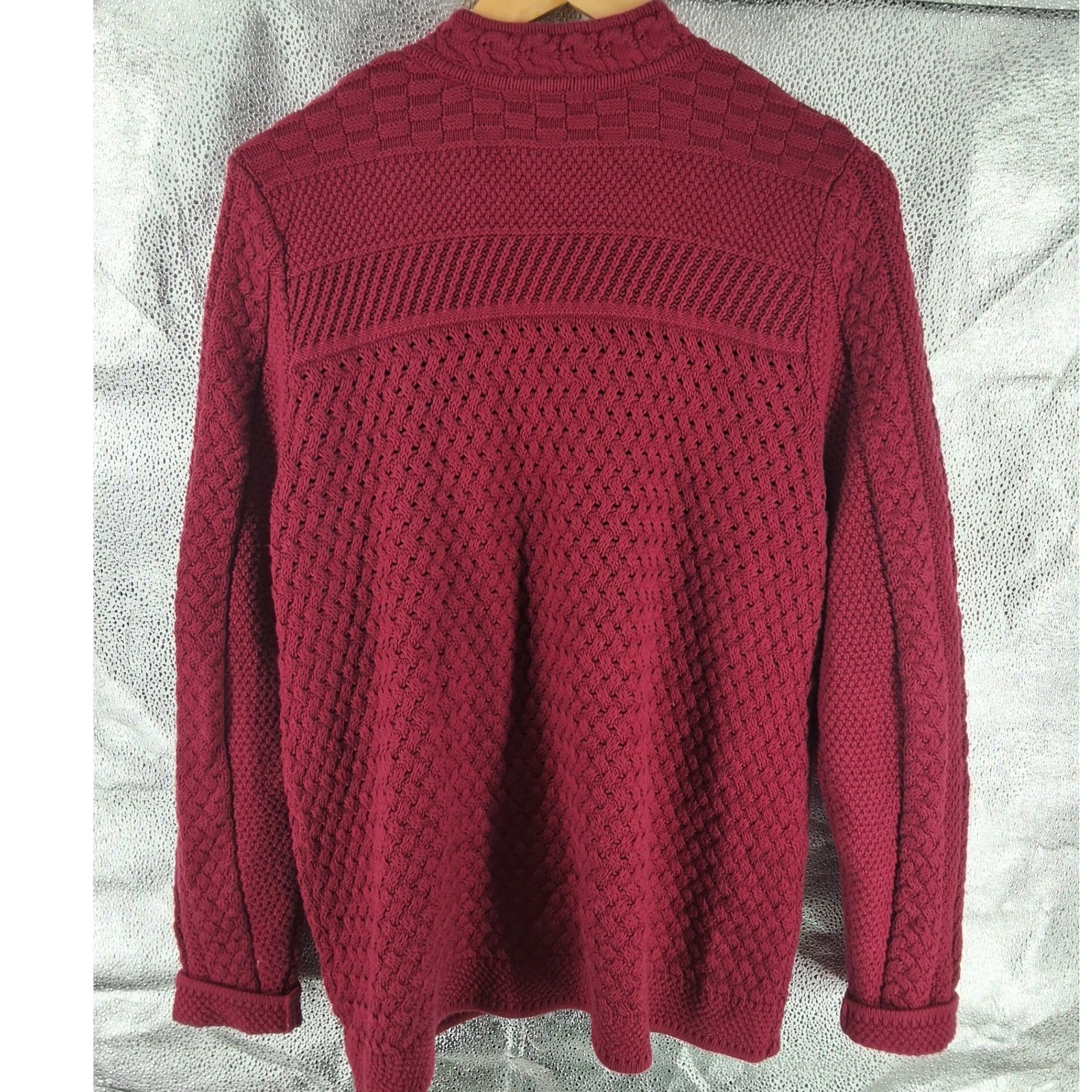 LL Bean Womens Burgundy Red Cotton Cable Mixed Knit Cardigan Sweater L